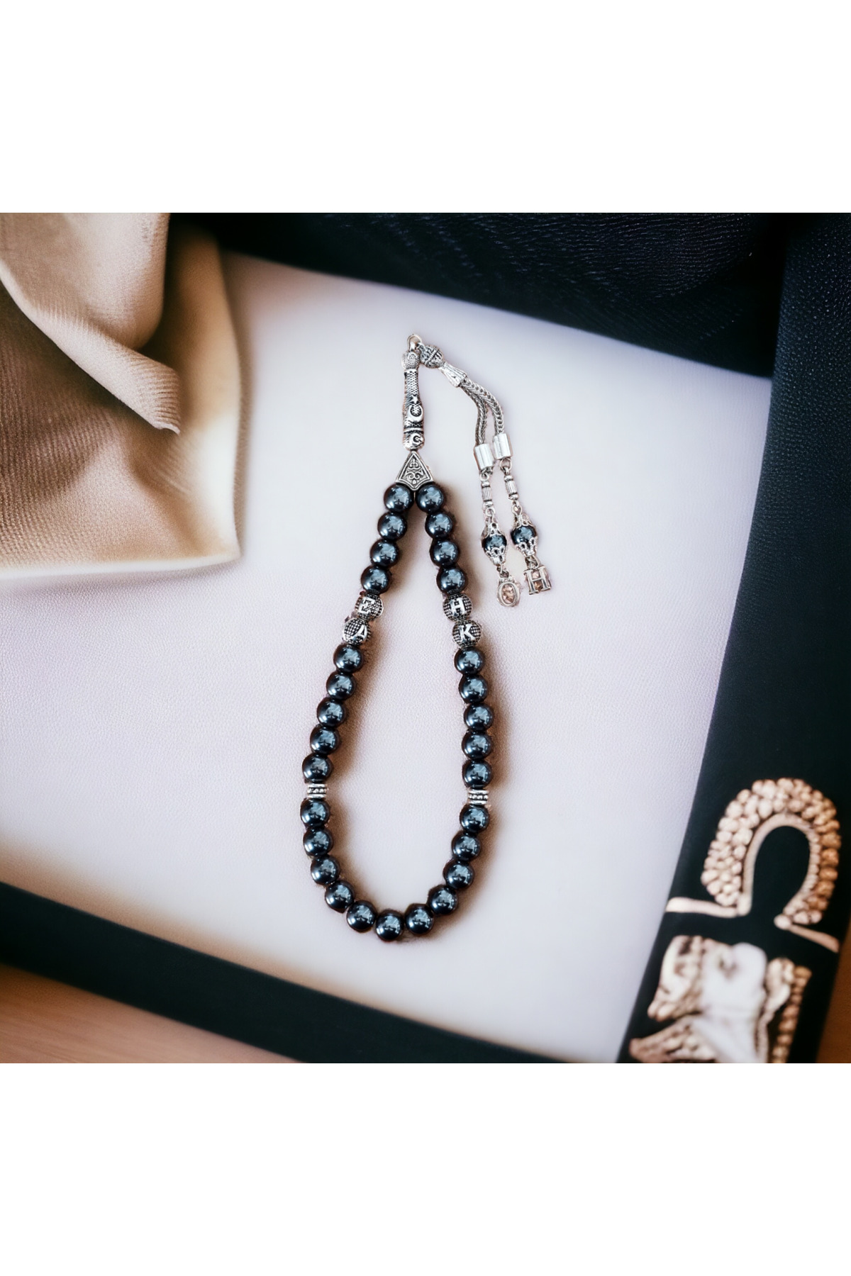 Bellevie Boutiqe Hematit Doğal Taş Tesbih-Ahşap Kutulu - Kişiye Özel İsimli Tesbih