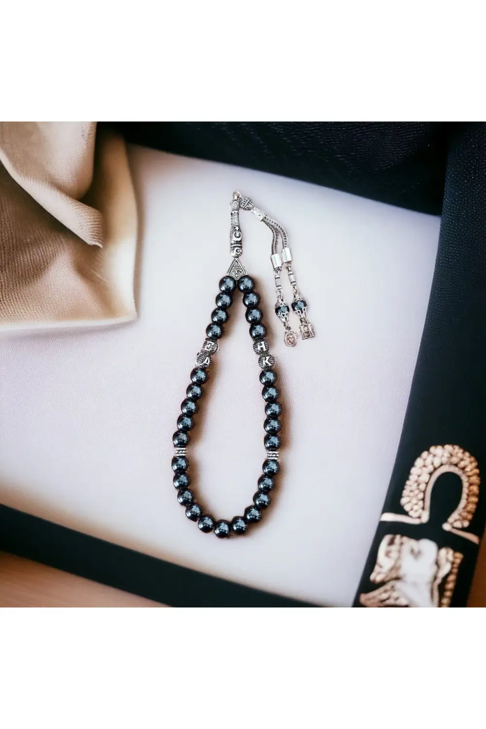 Hematit Doğal Taş Tesbih-Ahşap Kutulu - Kişiye Özel İsimli Tesbih