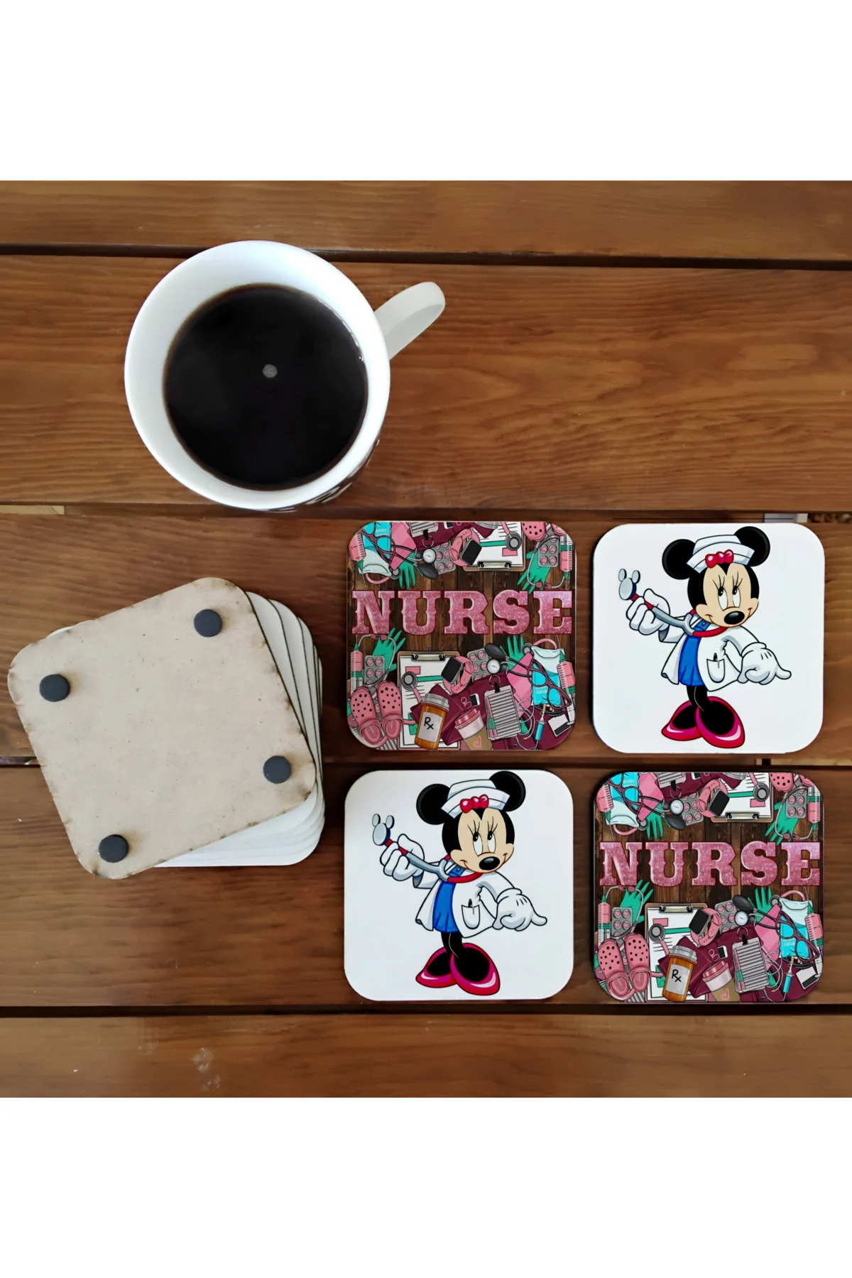 Hemşire Minnie Dekoratif Ahşap Bardak Altlığı Seti 020