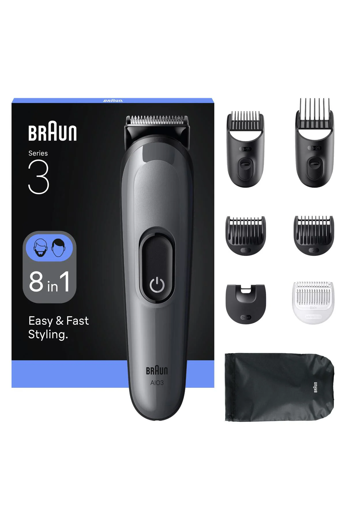 Hepsi Bir Arada Series 3, 8’i 1 arada Tıraş Kiti, Keskin Bıçak, 14 Uzunluk, AIO3540
