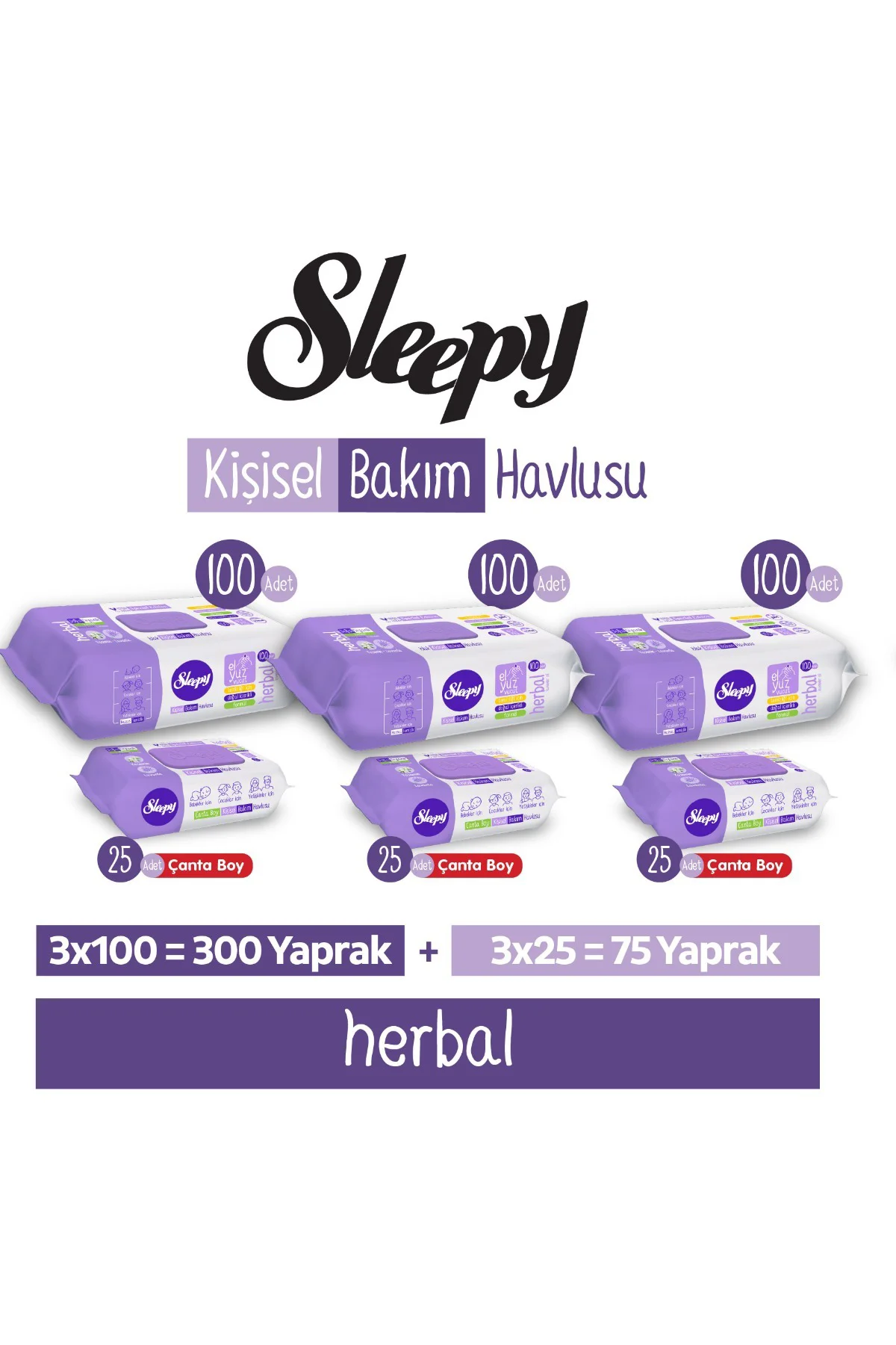 Herbal Kişisel Bakım Havlusu 3x100 (300 Yaprak) + Çanta Boy 3x25 (75 Yaprak) Fiyatı, Yorumları ve Özellikleri