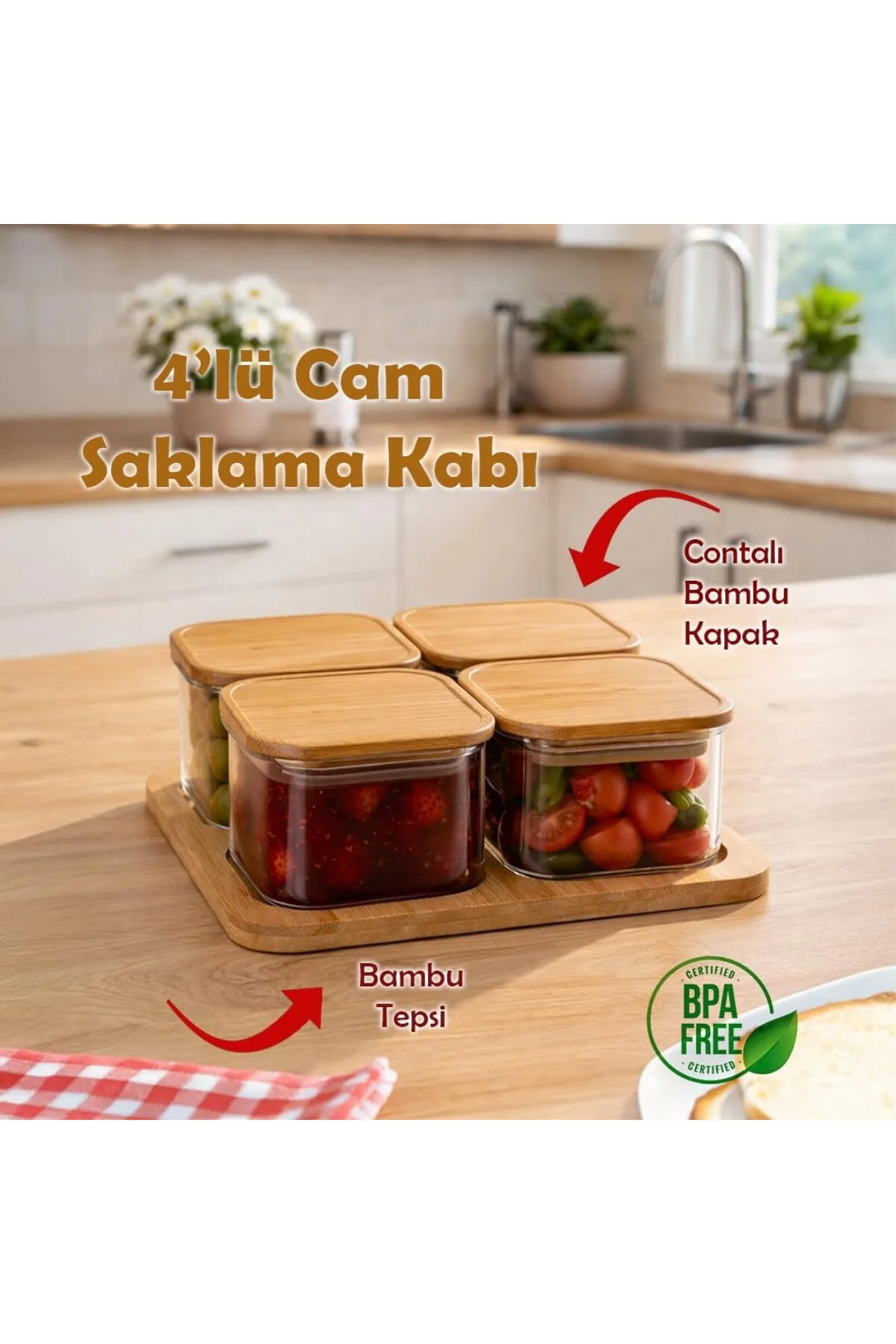 HF009009 Kare 4lü Hava Geçirmez Bambu Standlı Cam Kahvaltılık Seti Bambu Kapaklı Sak