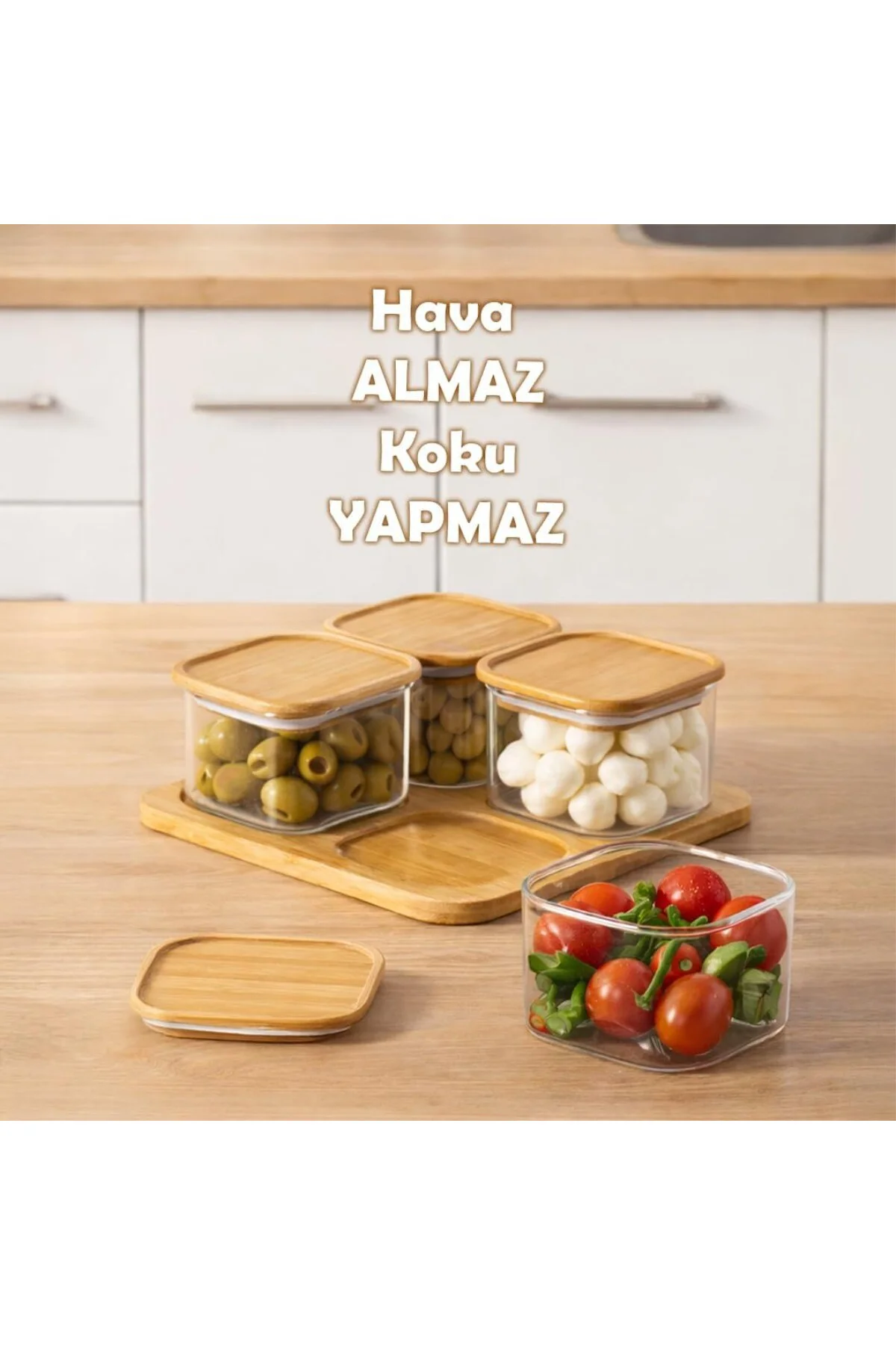 HF009009 Kare 4lü Hava Geçirmez Bambu Standlı Cam Kahvaltılık Seti Bambu Kapaklı Sak