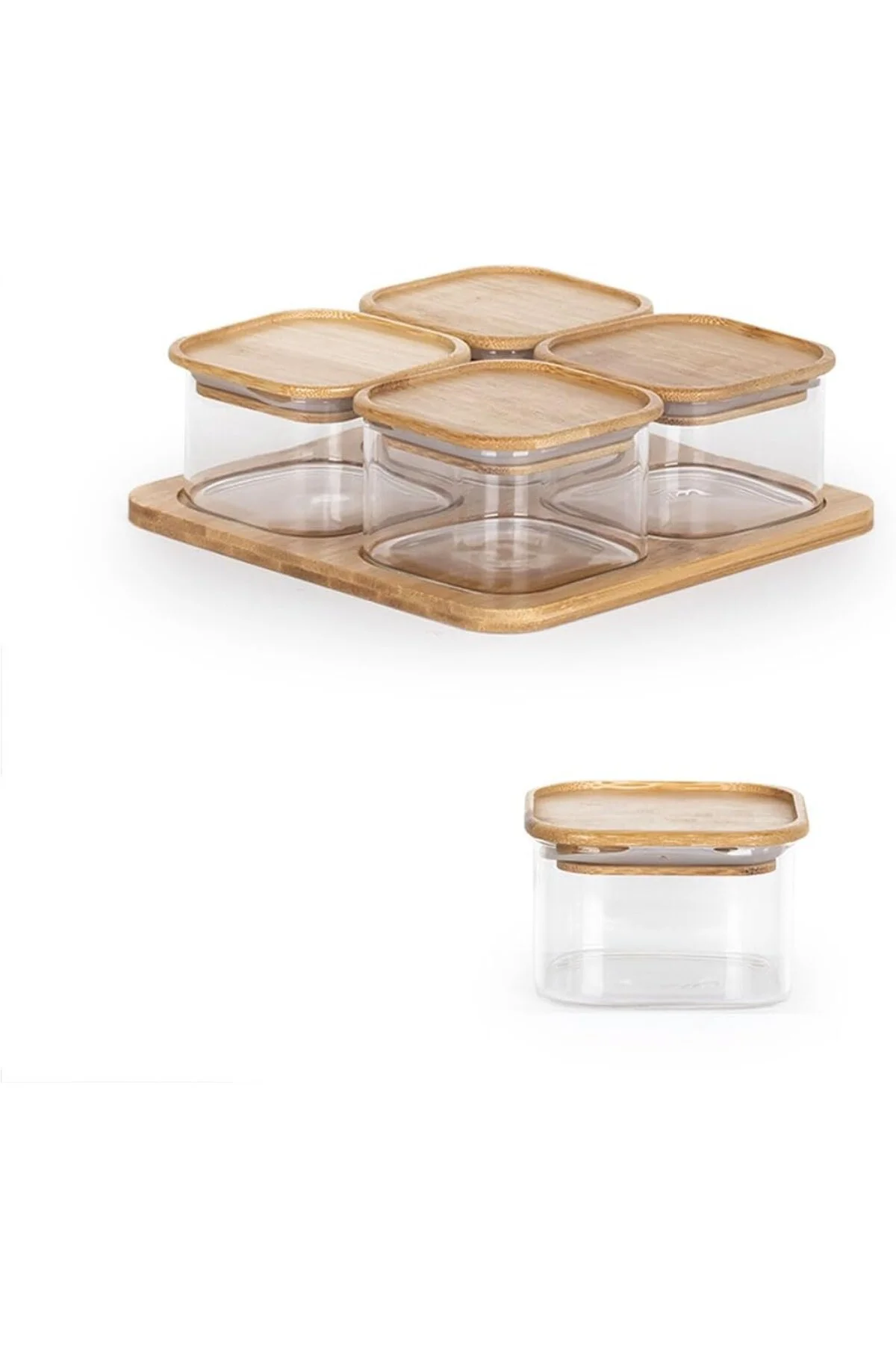 HF009009 Kare 4lü Hava Geçirmez Bambu Standlı Cam Kahvaltılık Seti Bambu Kapaklı Sak