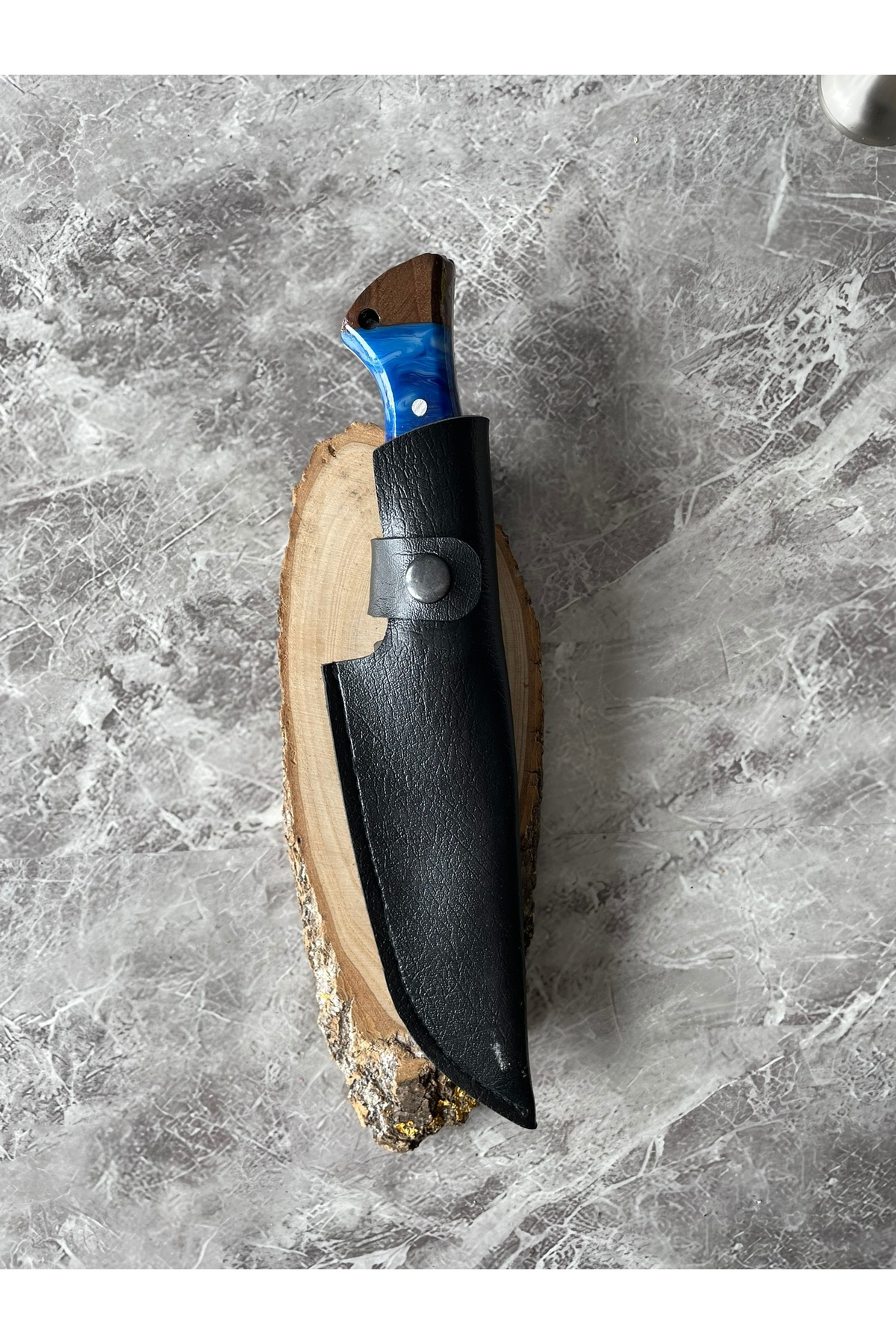 Hibrit Mavi Epoksi Kabzeli El Yapımı Kılıflı Kamp ve Av Bıçağı – 