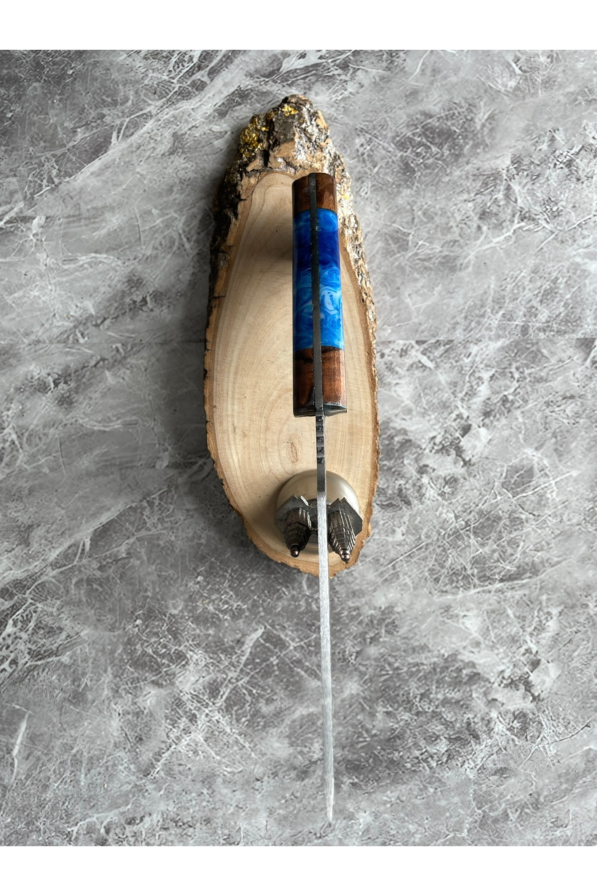 Hibrit Mavi Epoksi Kabzeli El Yapımı Kılıflı Kamp ve Av Bıçağı – 