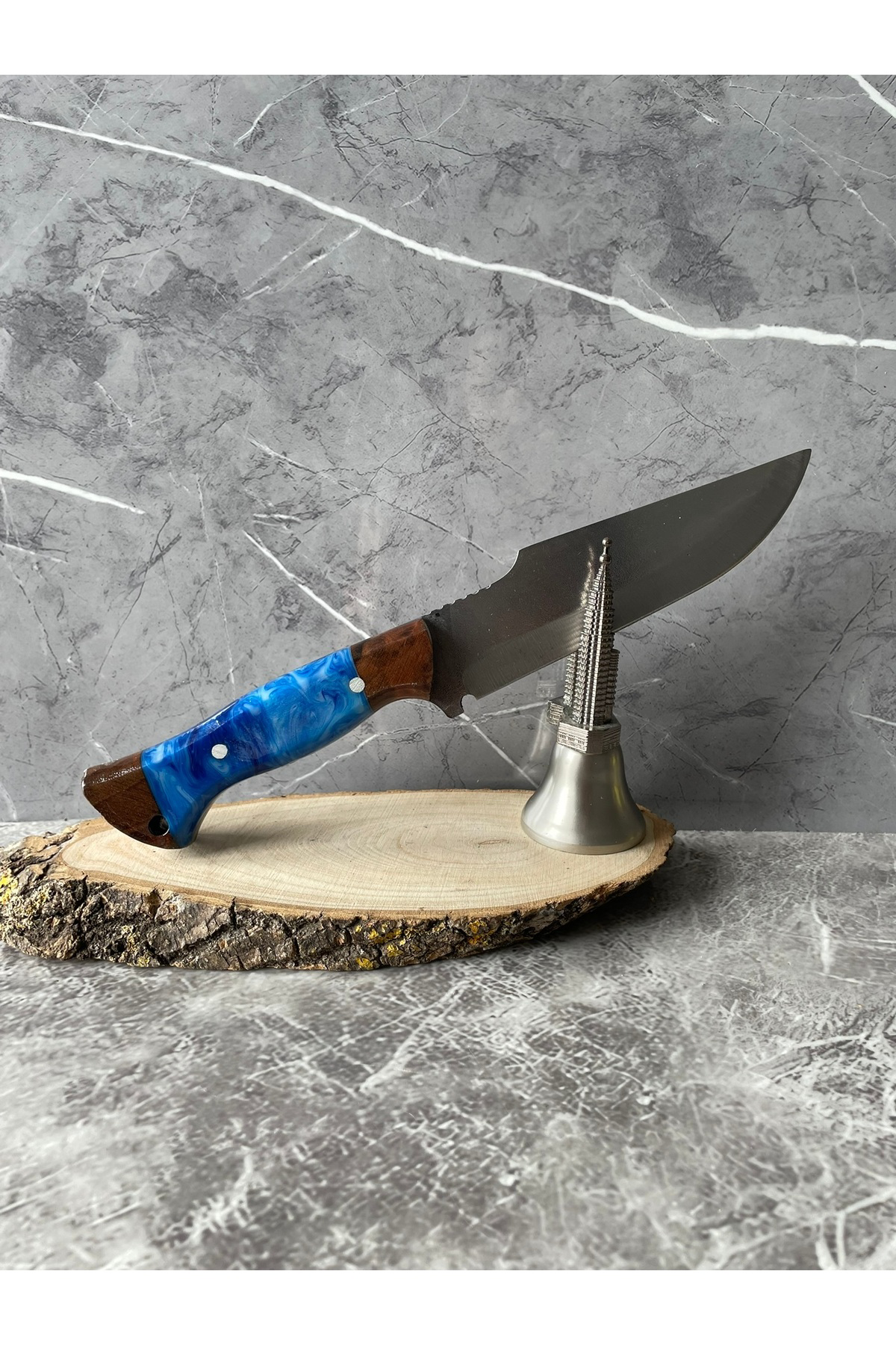 Hibrit Mavi Epoksi Kabzeli El Yapımı Kılıflı Kamp ve Av Bıçağı – 