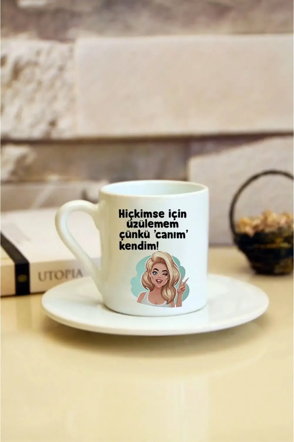 Hiç Kimse Için Üzülemem Baskılı Beyaz Türk Kahvesi Fincanı