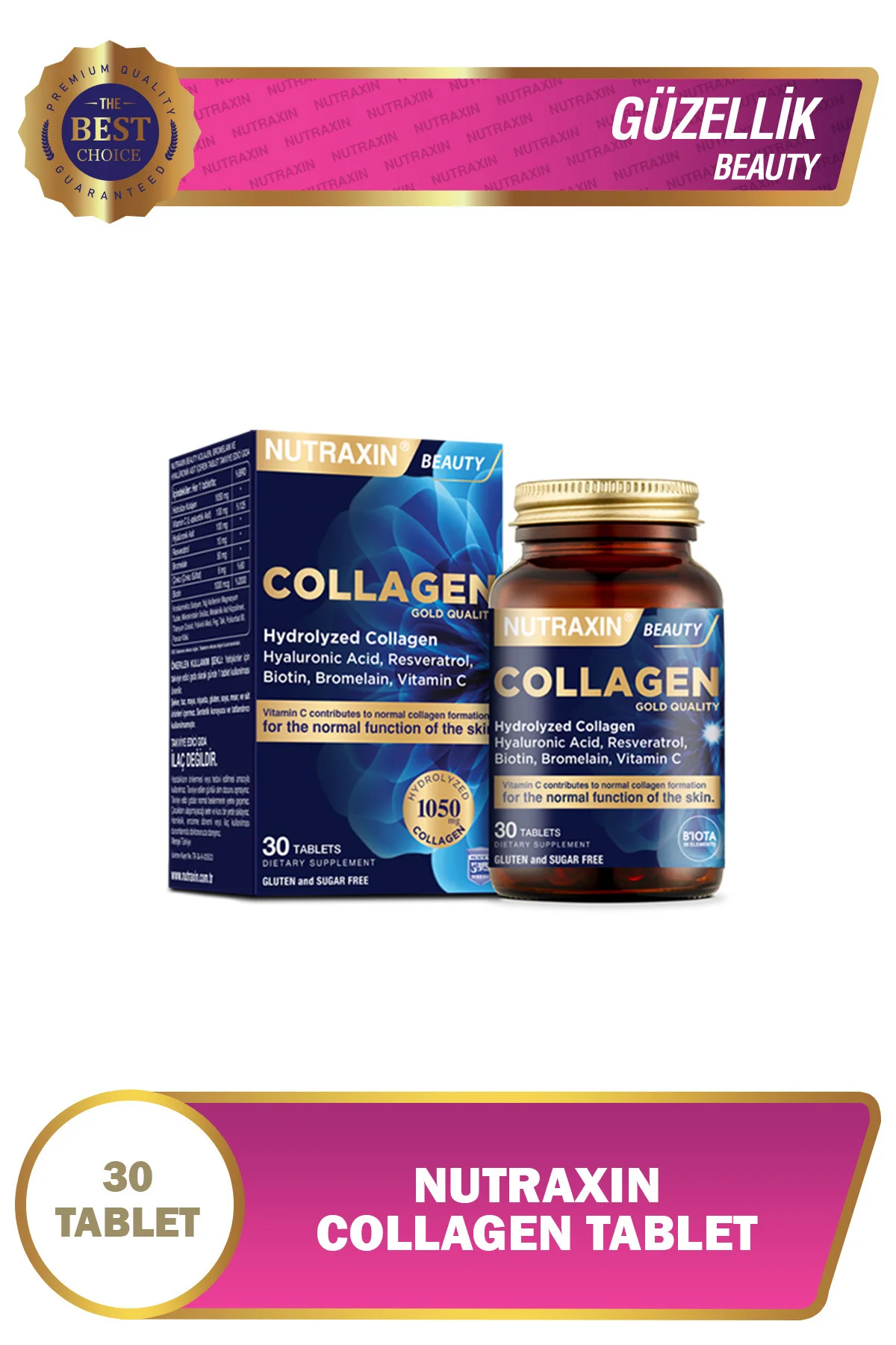 Hidrolize Kolajen 1050 Mg 30 Tablet Tip1 Tip3 Resveratrol Bromelain Biotin Hyalüronik asit Çinko