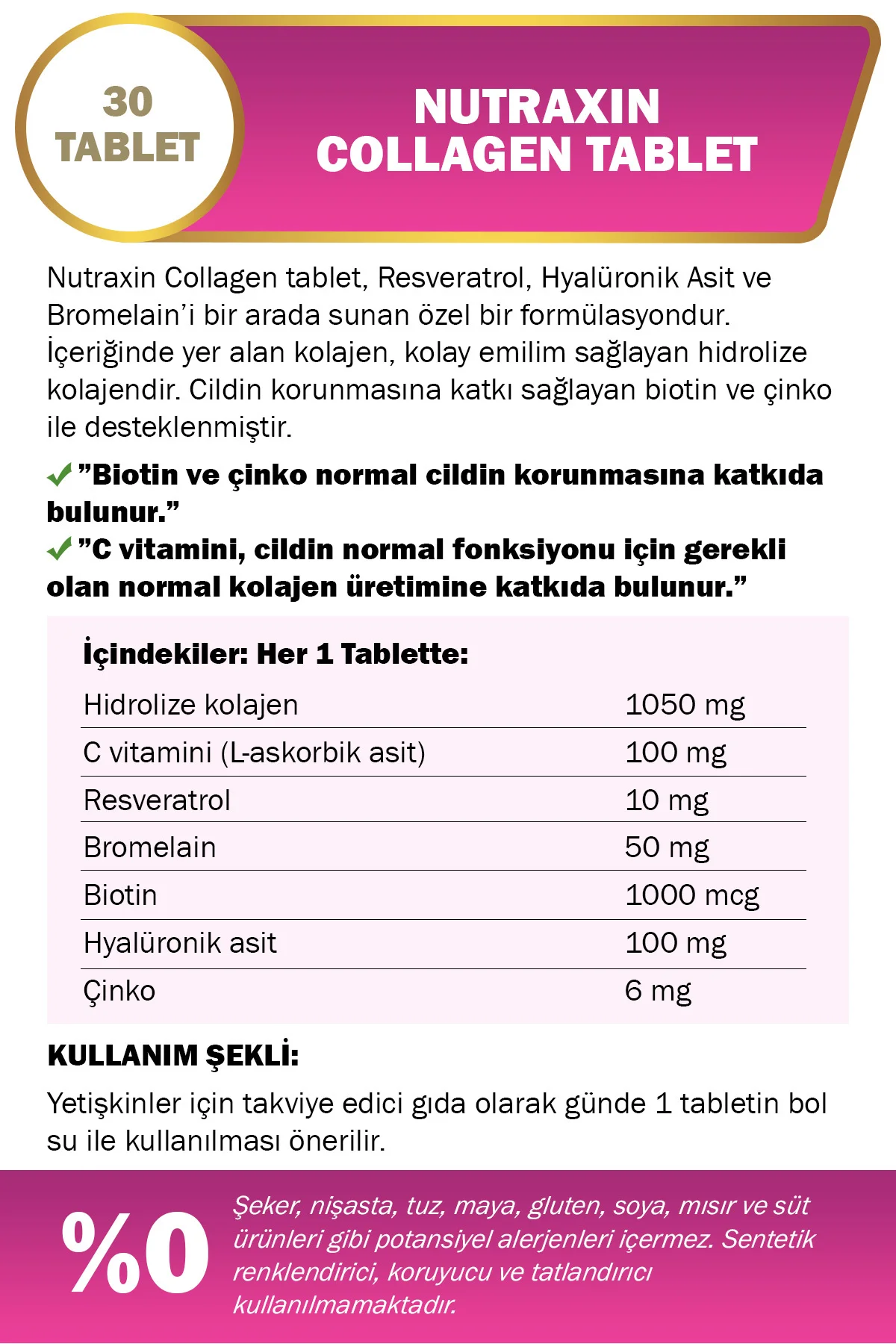 Hidrolize Kolajen 1050 Mg 30 Tablet Tip1 Tip3 Resveratrol Bromelain Biotin Hyalüronik asit Çinko