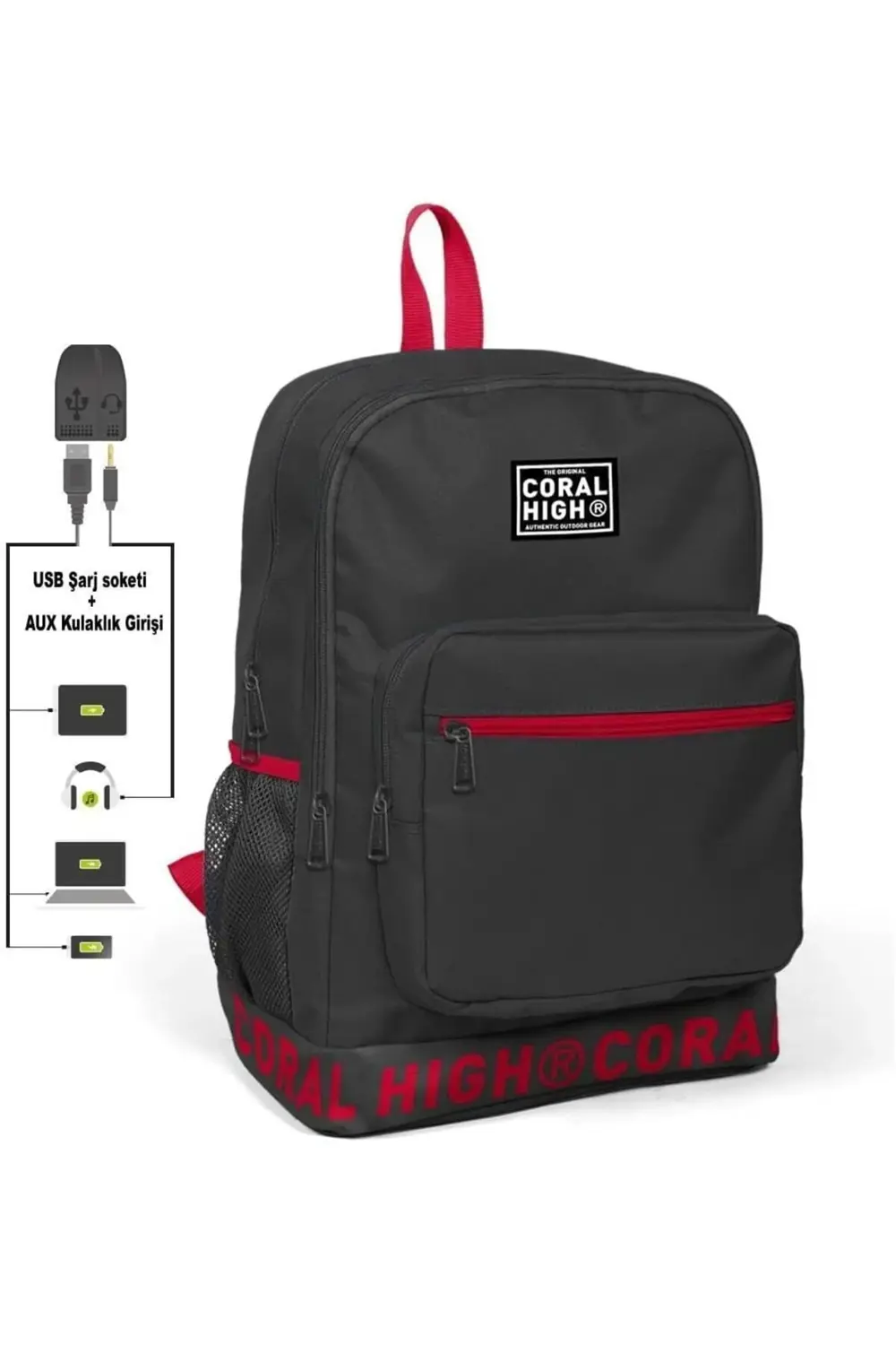 High Nakış Logolu Usb Şarjlı Kulaklık Çıkışlı Koyu Gri Sırt Çanta