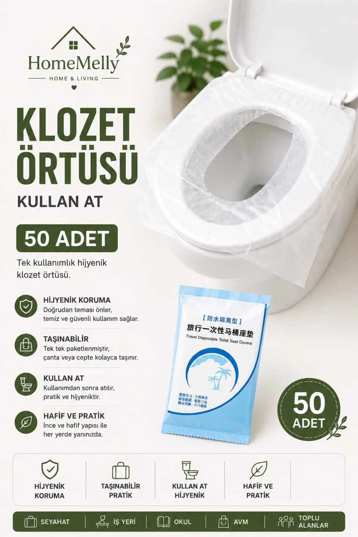Hijyen Kiti 50 Adet Tekli Paketli Klozet Naylonu | Seyahat & Hijyen Örtüsü