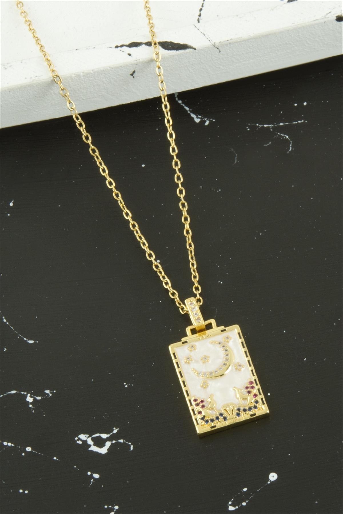 Hilal Zirkon Taşlı Lüks Çelik Tarot Kolye