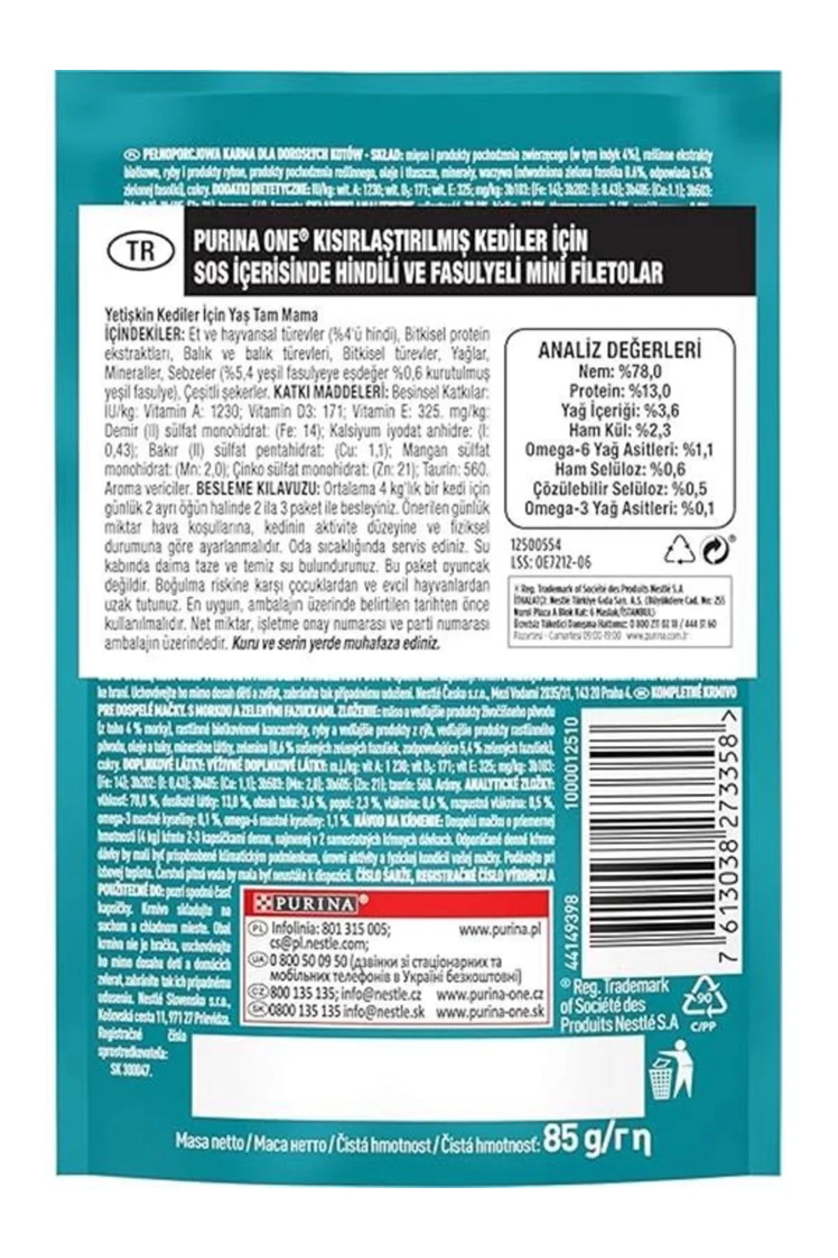 Hindi Etli Kısırlaştırılmış Kediler İçin Yaş Kedi Maması 85 Gram, 26 Adet