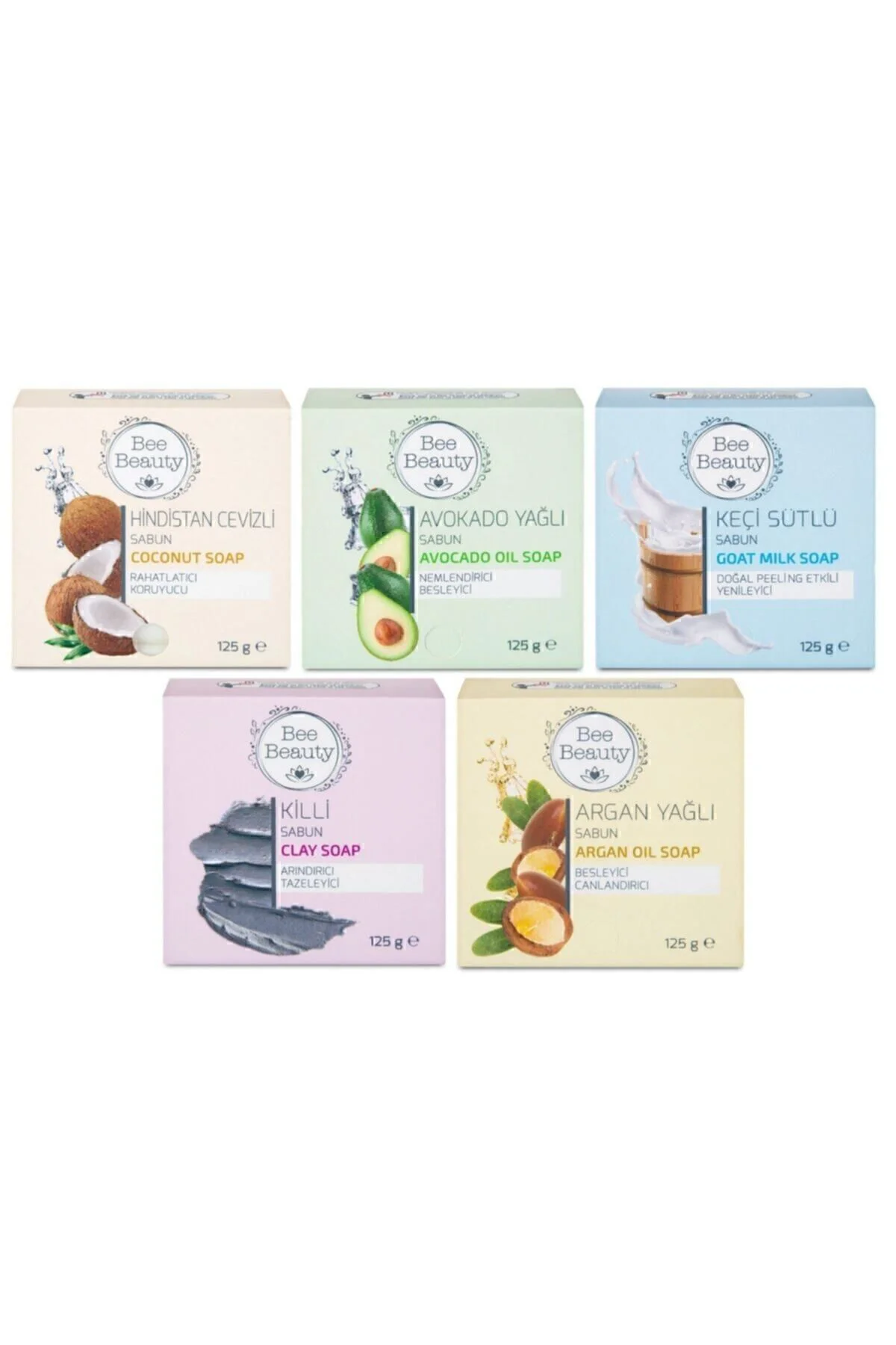 Hindistan Cevizli + Avokado Yağlı + Keçi Sütlü + Killi + Argan Yağlı Katı Sabun(5'li Set) Hindistan Cevizli + Avokado Yağlı + Keçi Sütlü + Killi + Argan Yağlı Katı Sabun(5'li Set)