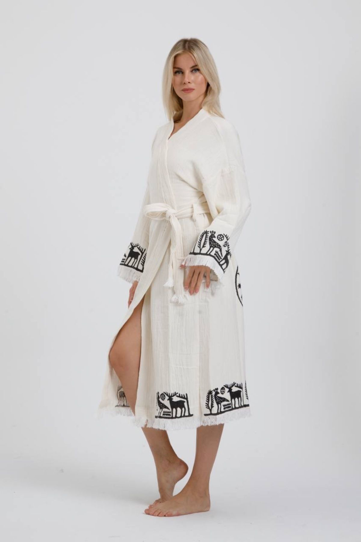 Hitit Müslin Kimono %100 Pamuklu Lotus Baskılı Desenli Bornoz Kaf
