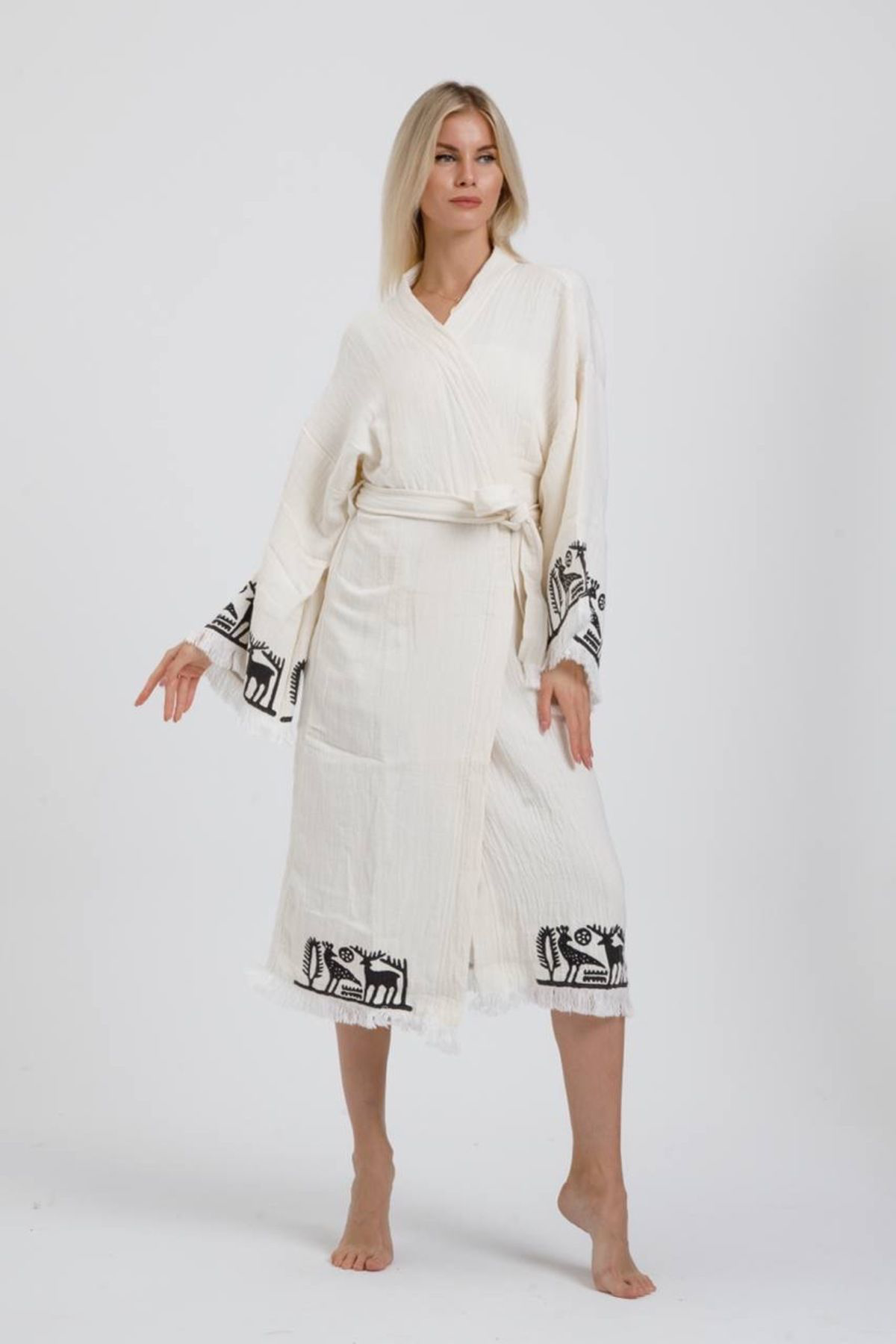 Hitit Müslin Kimono %100 Pamuklu Lotus Baskılı Desenli Bornoz Kaf