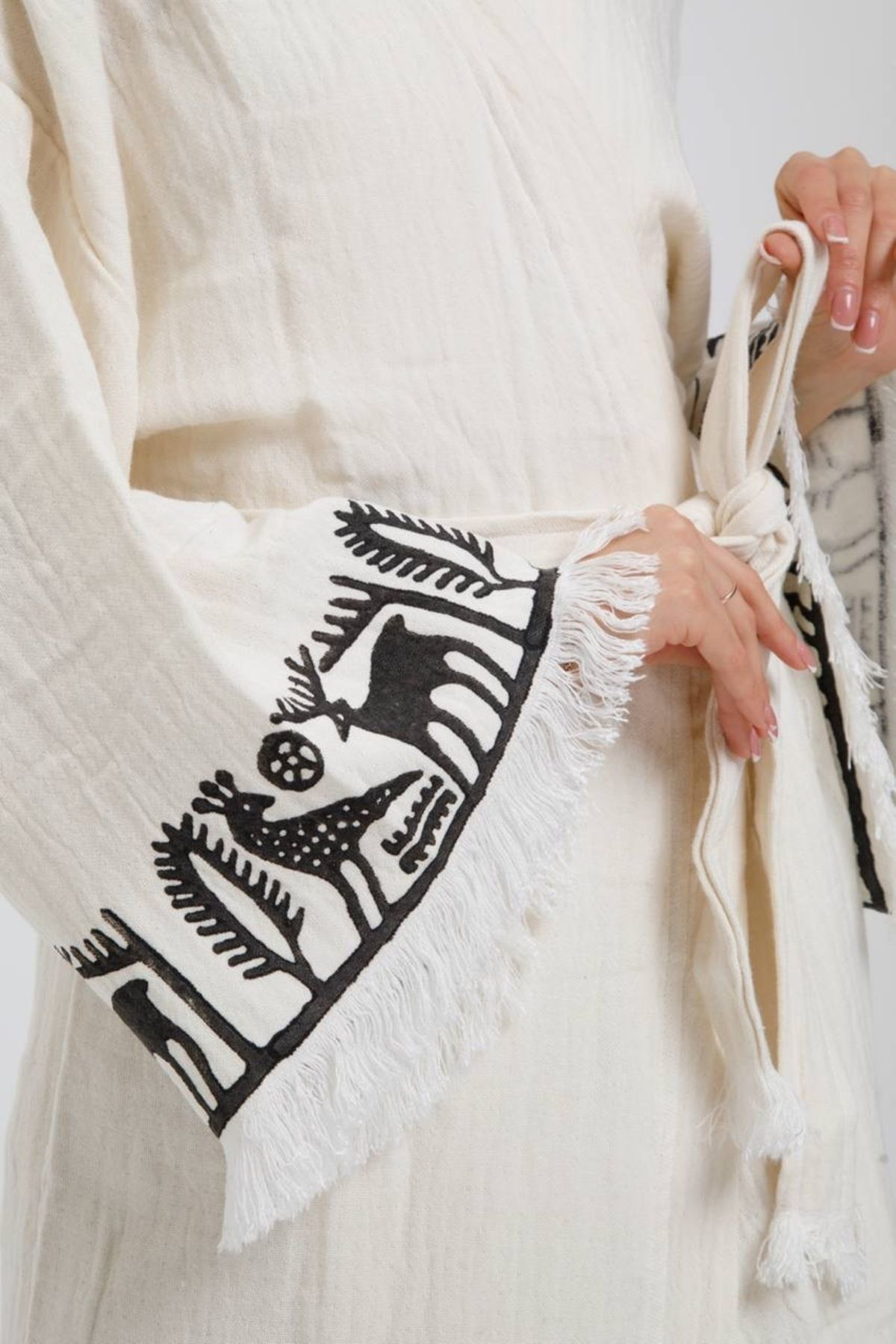 Hitit Müslin Kimono %100 Pamuklu Lotus Baskılı Desenli Bornoz Kaf