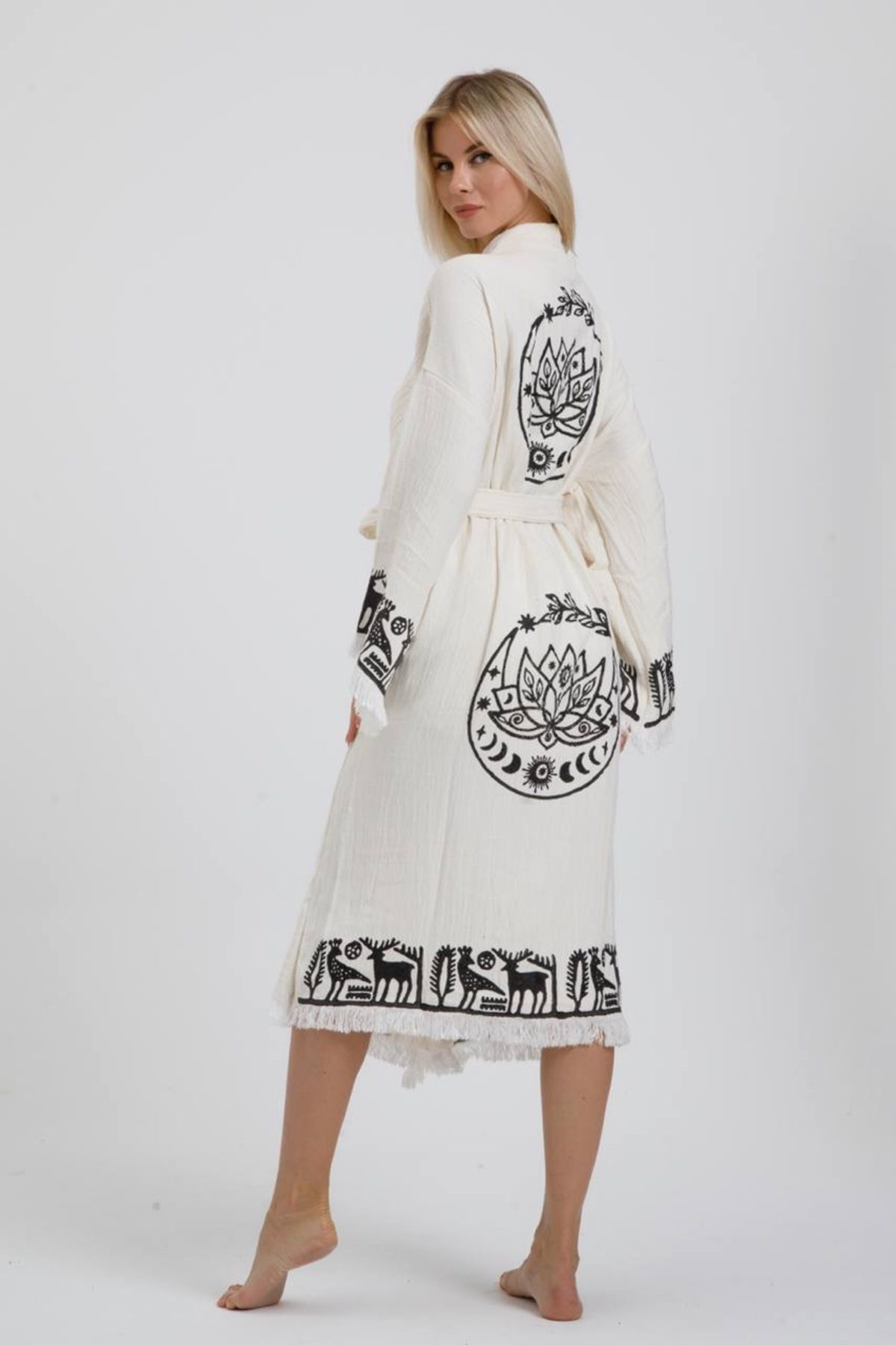 Hitit Müslin Kimono %100 Pamuklu Lotus Baskılı Desenli Bornoz Kaf