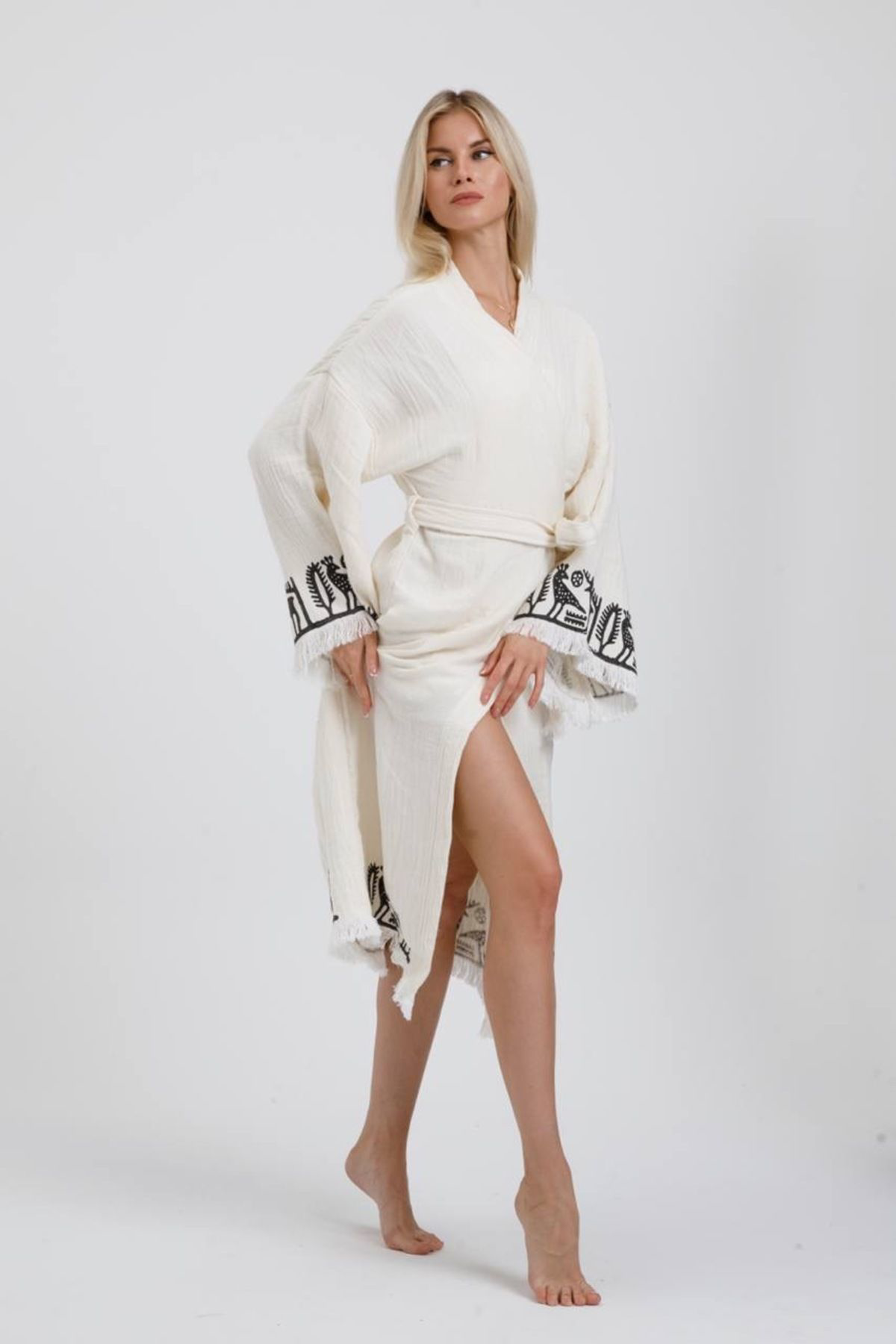 Hitit Müslin Kimono %100 Pamuklu Lotus Baskılı Desenli Bornoz Kaf