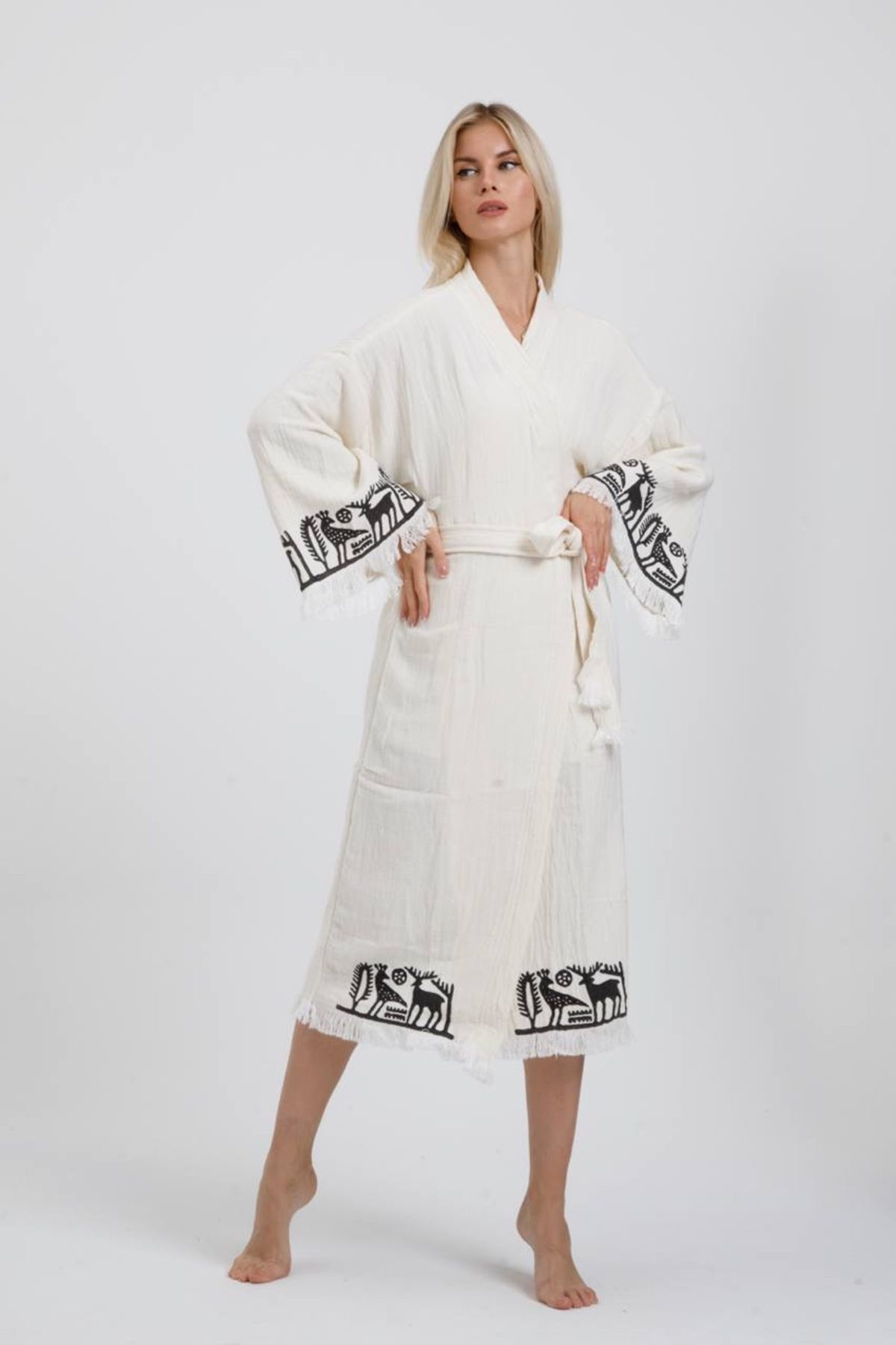 Hitit Müslin Kimono %100 Pamuklu Lotus Baskılı Desenli Bornoz Kaf