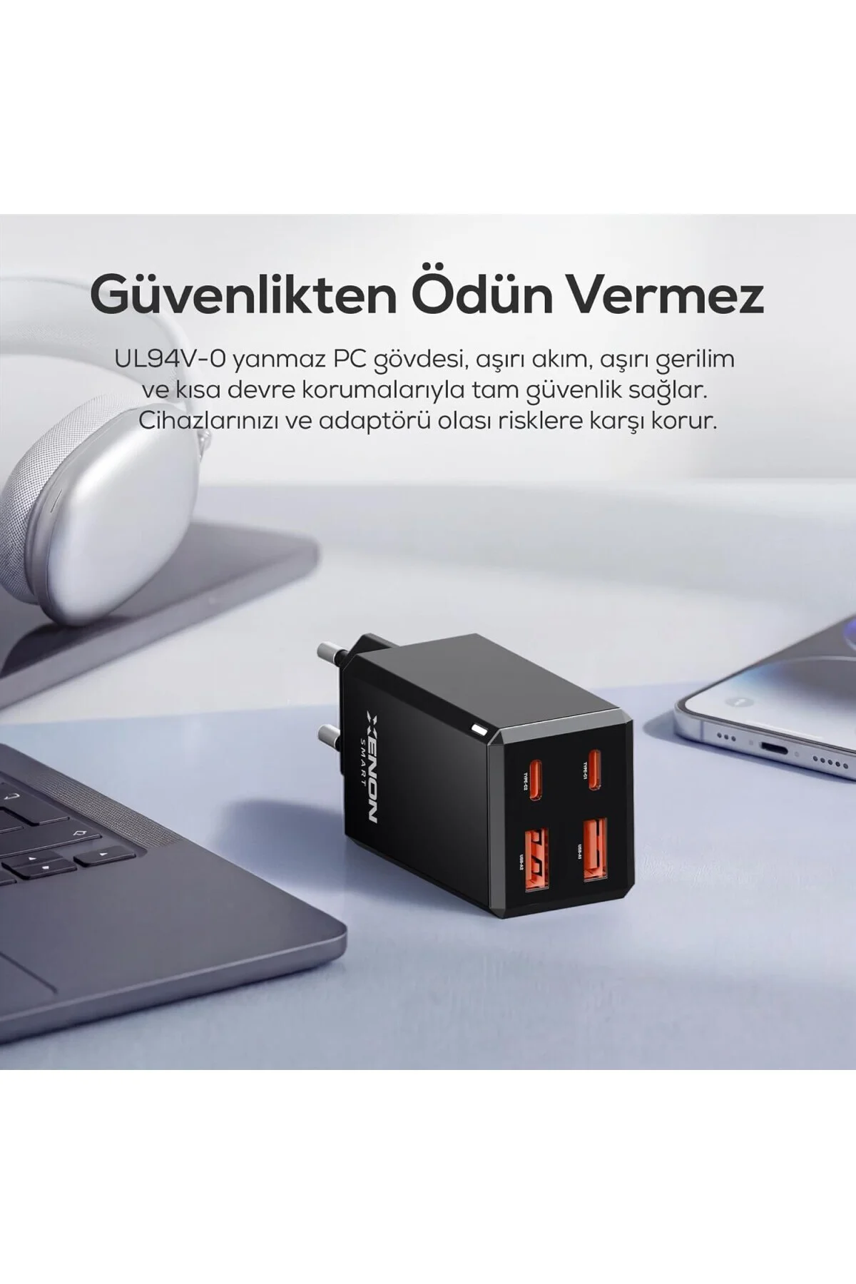 Hızlı Şarj Adaptörü 65W GaN + Type-C Kablo 100W PD | 4 Port iPhone & Samsung Uyumlu X