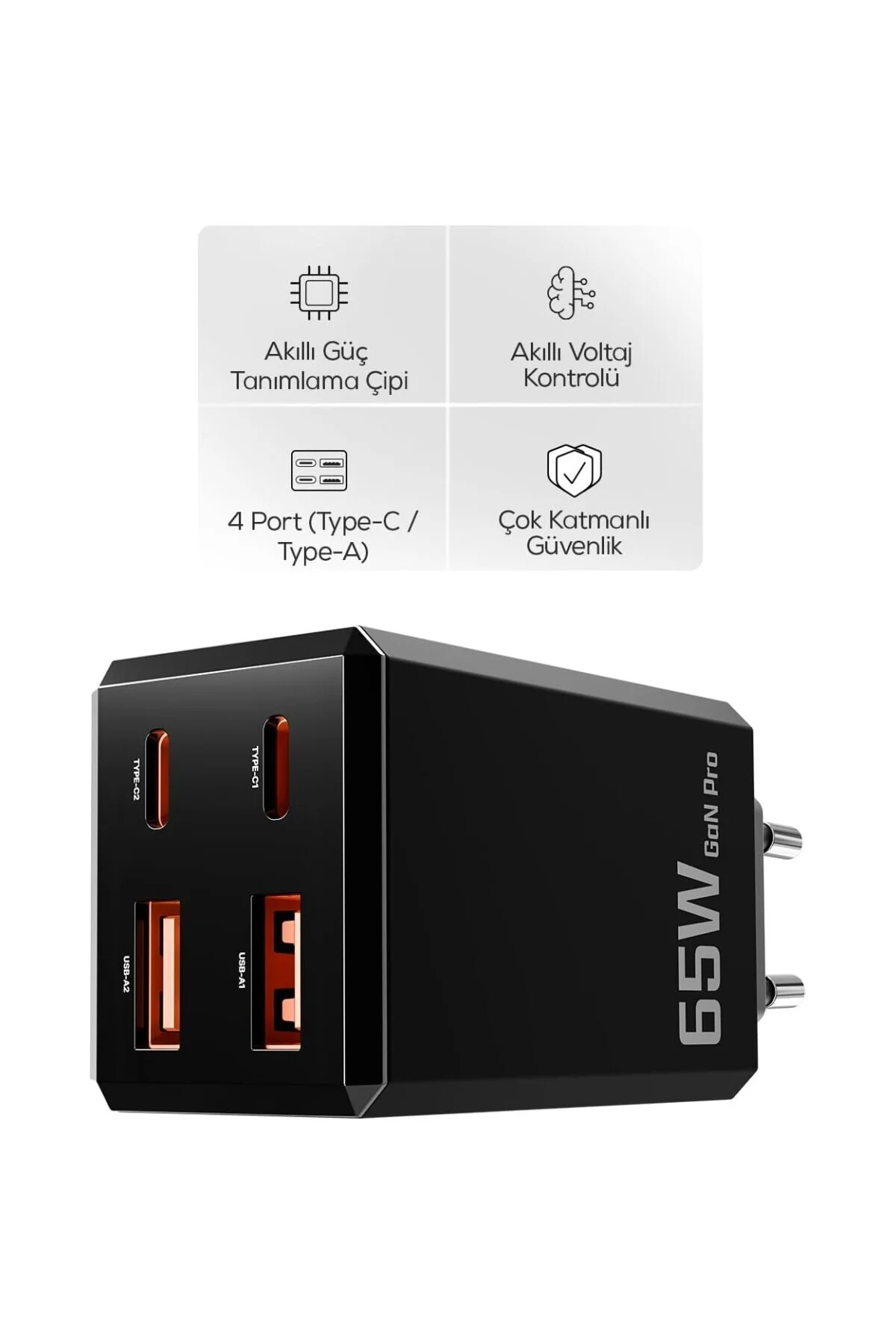 Hızlı Şarj Adaptörü 65W GaN + Type-C Kablo 100W PD | 4 Port iPhone & Samsung Uyumlu X Hızlı Şarj Adaptörü 65W GaN + Type-C Kablo 100W PD | 4 Port iPhone & Samsung Uyumlu X