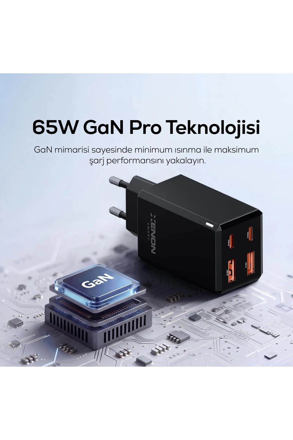 Hızlı Şarj Adaptörü 65W GaN + Type-C Kablo 100W PD | 4 Port iPhone & Samsung Uyumlu X Hızlı Şarj Adaptörü 65W GaN + Type-C Kablo 100W PD | 4 Port iPhone & Samsung Uyumlu X