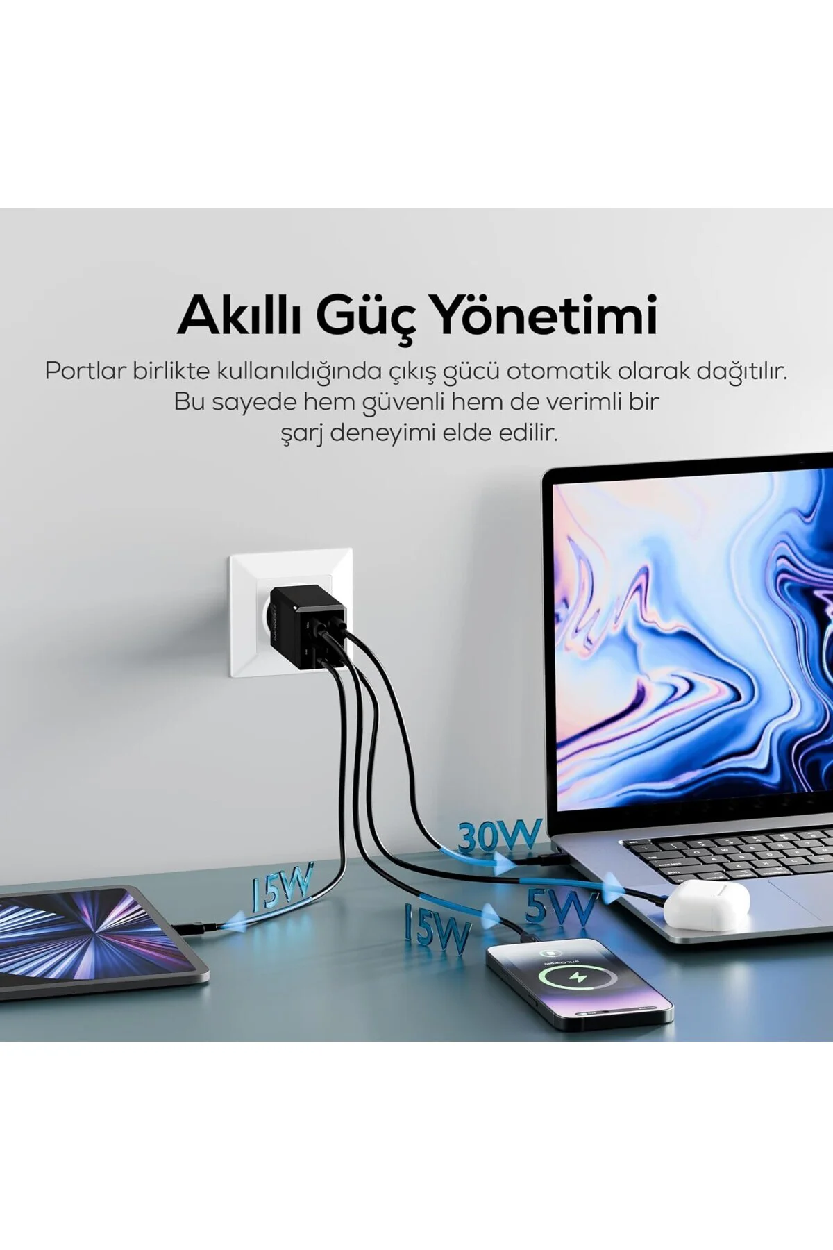 Hızlı Şarj Adaptörü 65W GaN + Type-C Kablo 100W PD | 4 Port iPhone & Samsung Uyumlu X Hızlı Şarj Adaptörü 65W GaN + Type-C Kablo 100W PD | 4 Port iPhone & Samsung Uyumlu X