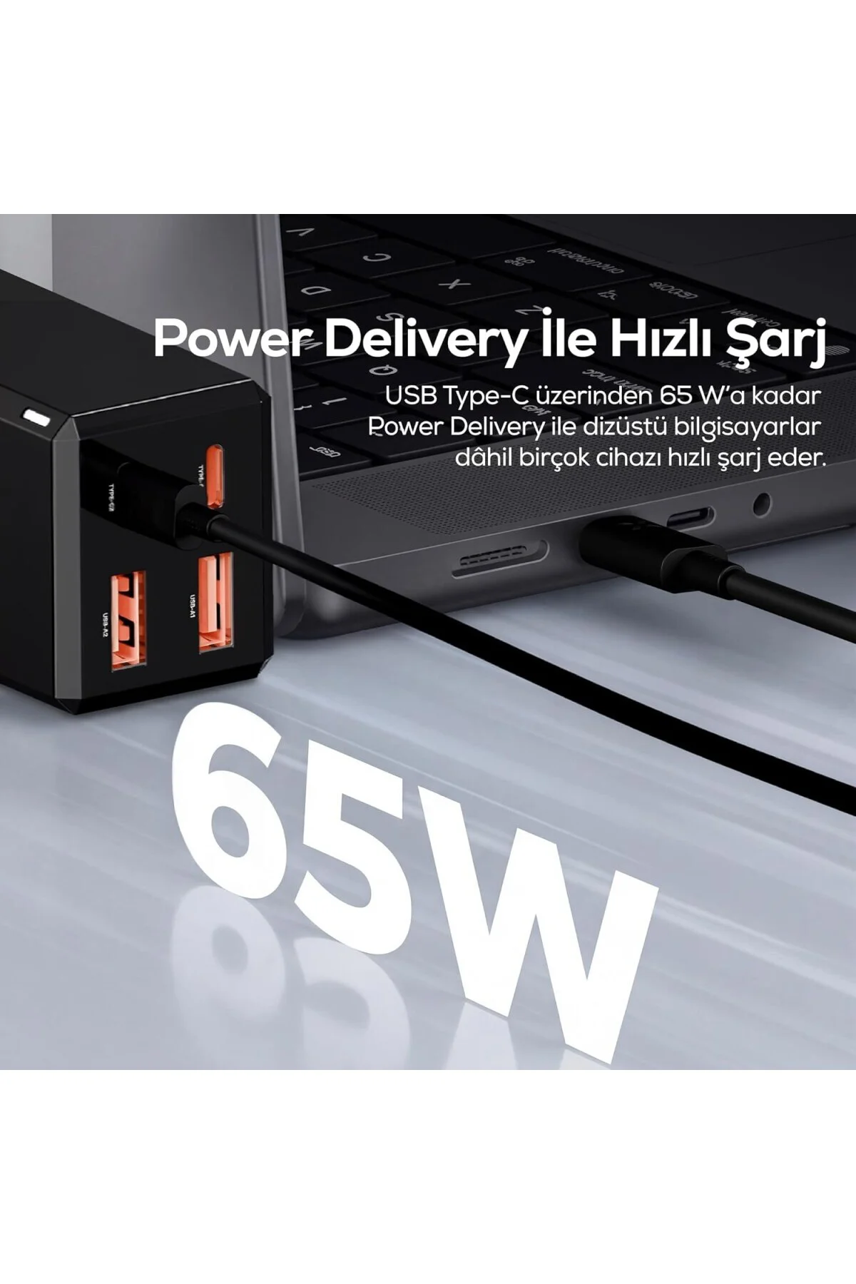 Hızlı Şarj Adaptörü 65W GaN + Type-C Kablo 100W PD | 4 Port iPhone & Samsung Uyumlu X Hızlı Şarj Adaptörü 65W GaN + Type-C Kablo 100W PD | 4 Port iPhone & Samsung Uyumlu X