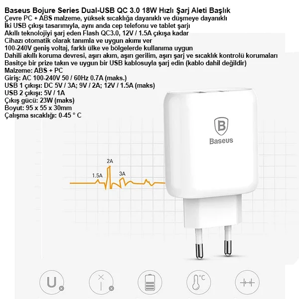 Hızlı Şarj Aleti - Dual USB QC 3.0 18W Ev ve Ofis Şarj Cihazı