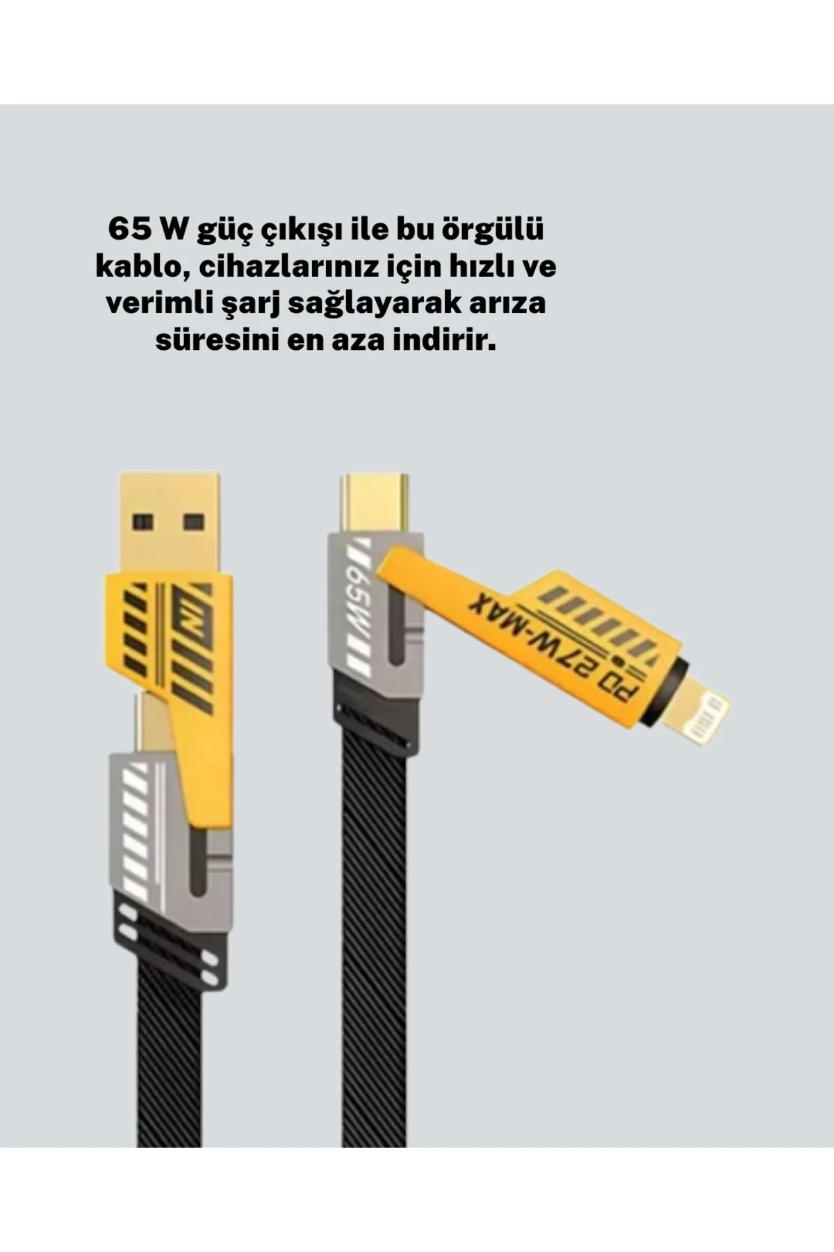 Hızlı Şarj Destekli 65W Örgülü USB-C ve USB-A Çoklu Şarj Kablosu