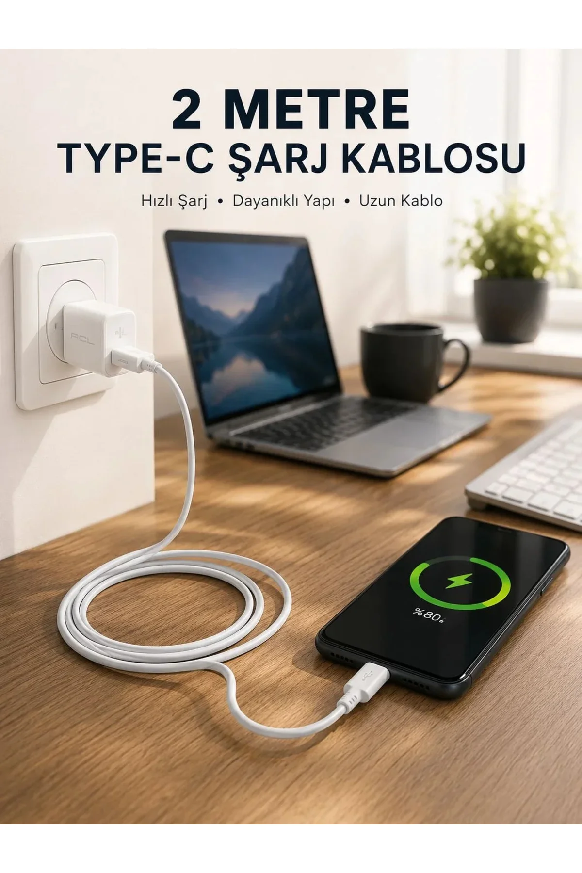 Hızlı Şarj Destekli 2 Metre Type-C Kablo Hızlı Şarj Destekli 2 Metre Type-C Kablo