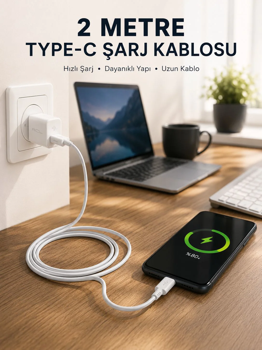 Hızlı Şarj Destekli 2 Metre Type-C Kablo Hızlı Şarj Destekli 2 Metre Type-C Kablo