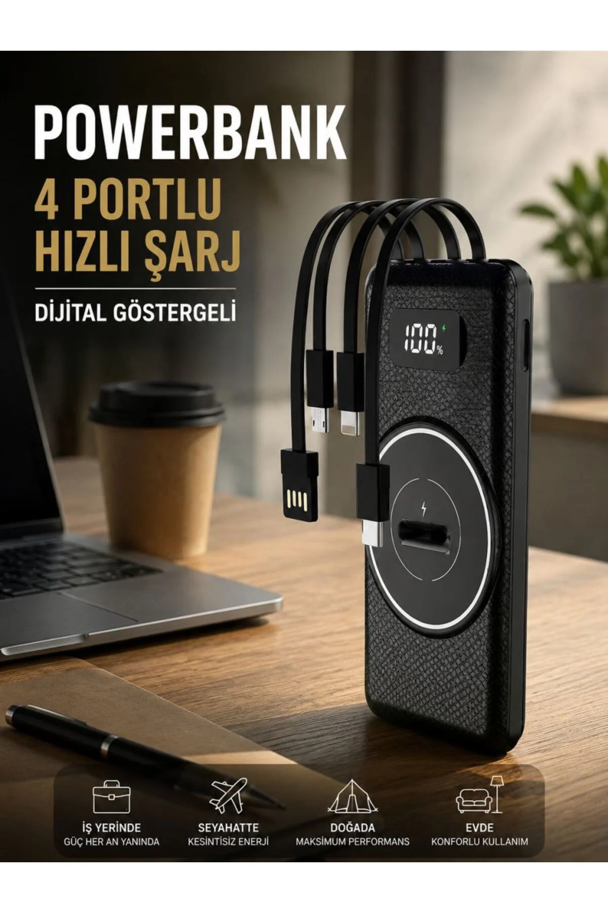 Hızlı Şarj Dijital Göstergeli Powerbankli Çoklu Şarj Özelliği