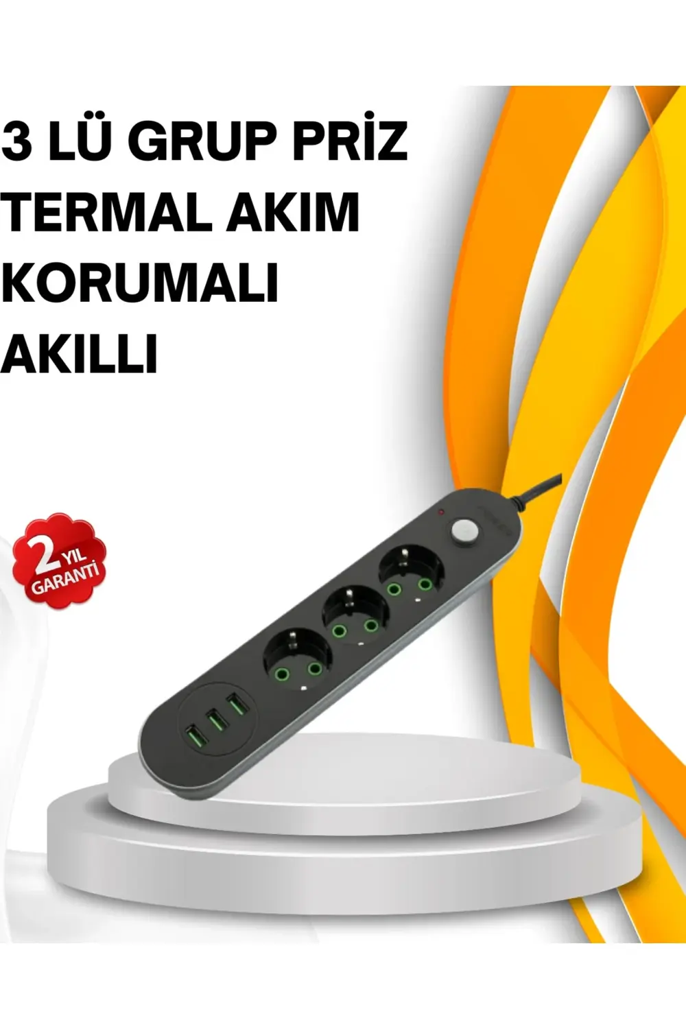 Hızlı Şarj Özellikli 3 USB Girişli Üçlü Priz