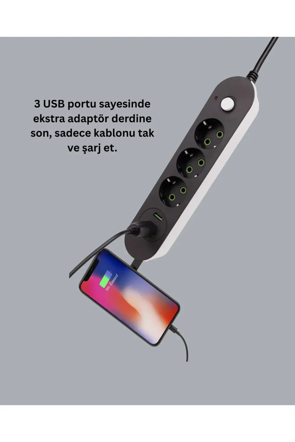 Hızlı Şarj Özellikli 3 USB Girişli Üçlü Priz