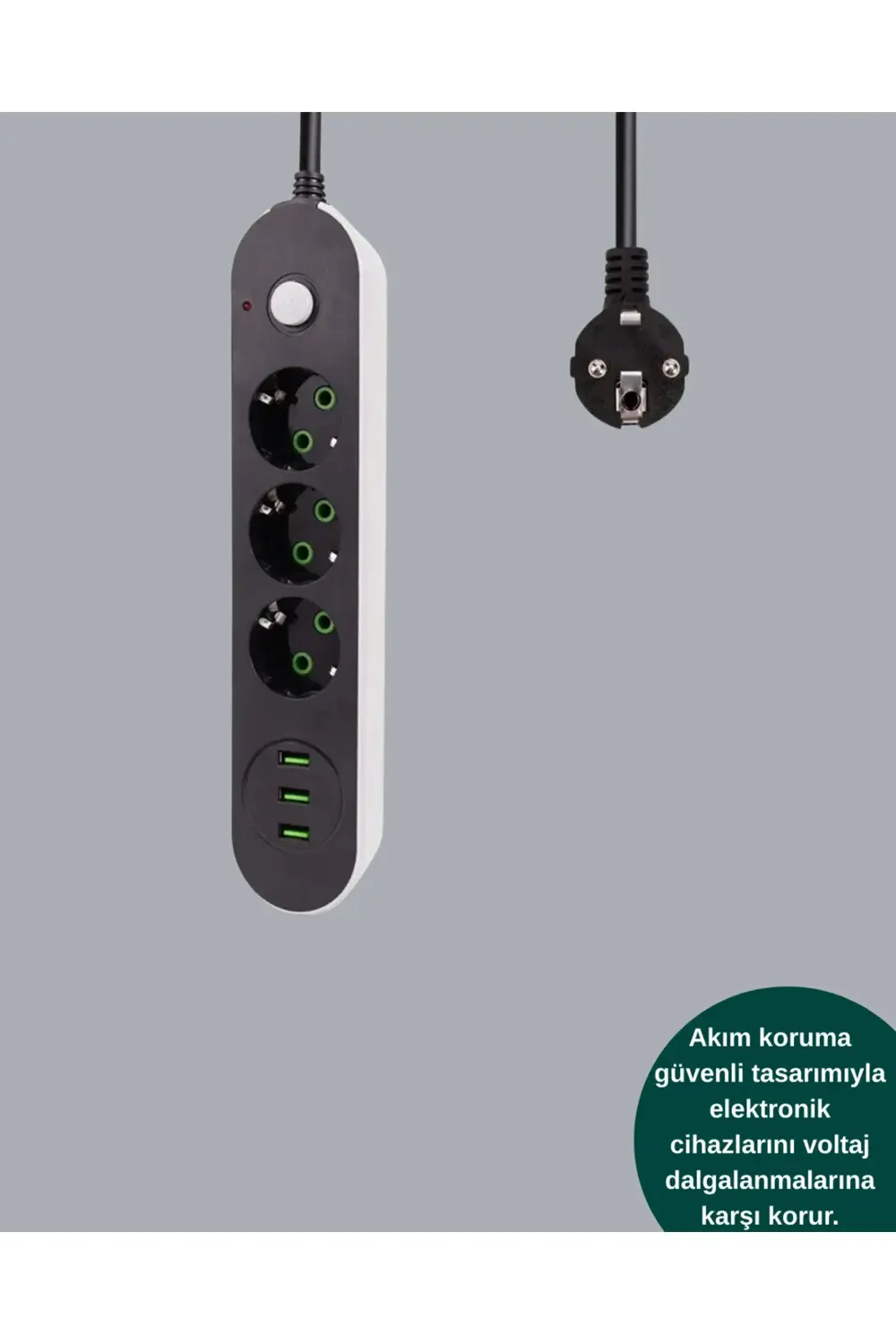 Hızlı Şarj Özellikli 3 USB Girişli Üçlü Priz