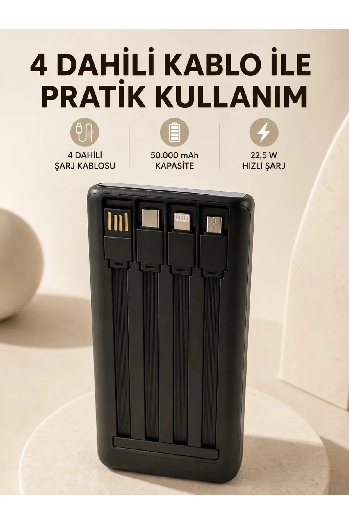Hızlı Şarj Powerbank 50.000 mAh 4 Dahili Kablolu LED Aydınlatmalı Dijital Göstergeli Taşınabilir Bat