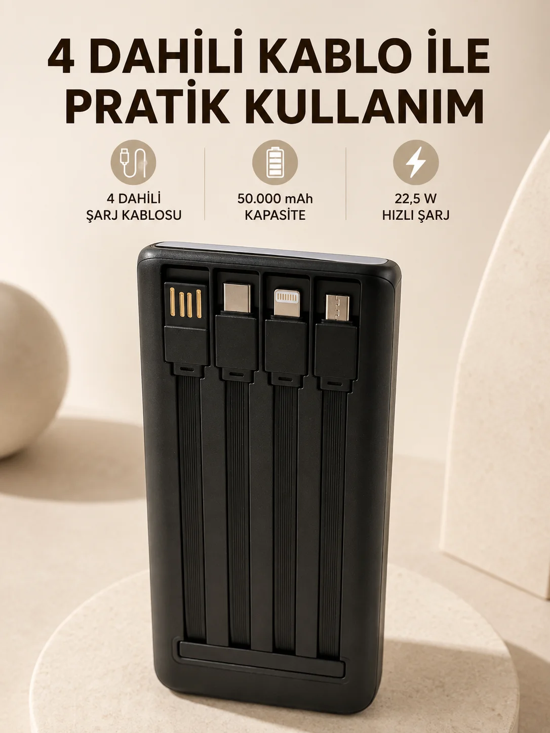 Hızlı Şarj Powerbank 50.000 mAh 4 Dahili Kablolu LED Aydınlatmalı Dijital Göstergeli Taşınabilir Batarya Fiyatı, Yorumları ve Özellikleri