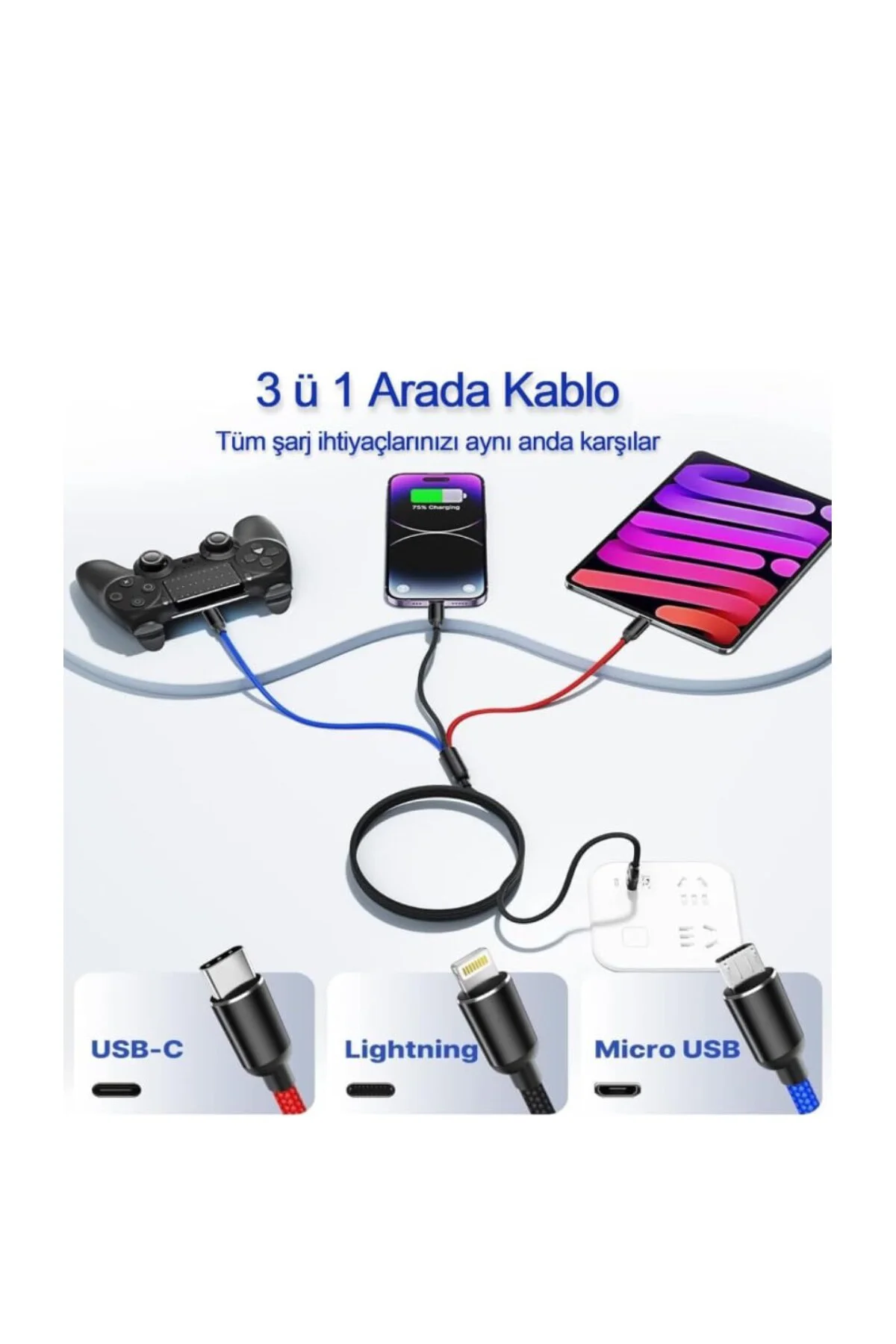 Hızlı Şarj ve Data Aktarım Kablosu, 60W - 3A USB A, Type C (Usb c), Micro USB, Lightning Uyumlu