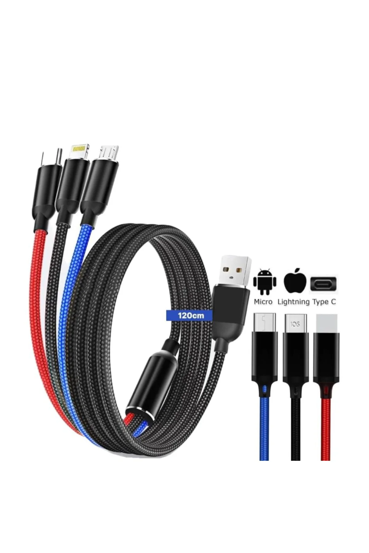 Hızlı Şarj ve Data Aktarım Kablosu, 60W - 3A USB A, Type C (Usb c), Micro USB, Lightning Uyumlu