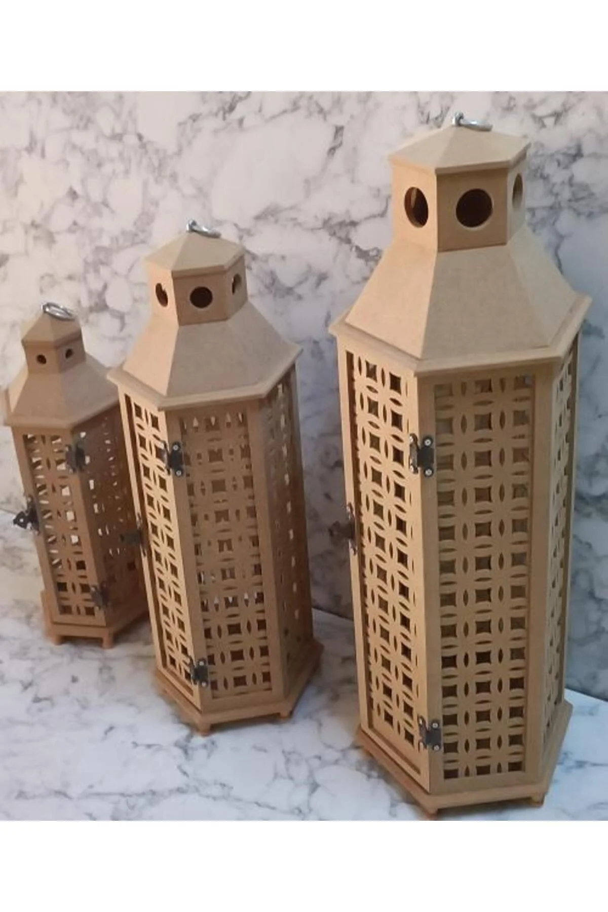 Hobi Adn 90235 Dekoratif Fenerlik 3lü Set MDF HAM CNC Kesim Oyma Nakış El Yapımı - Görsel 5