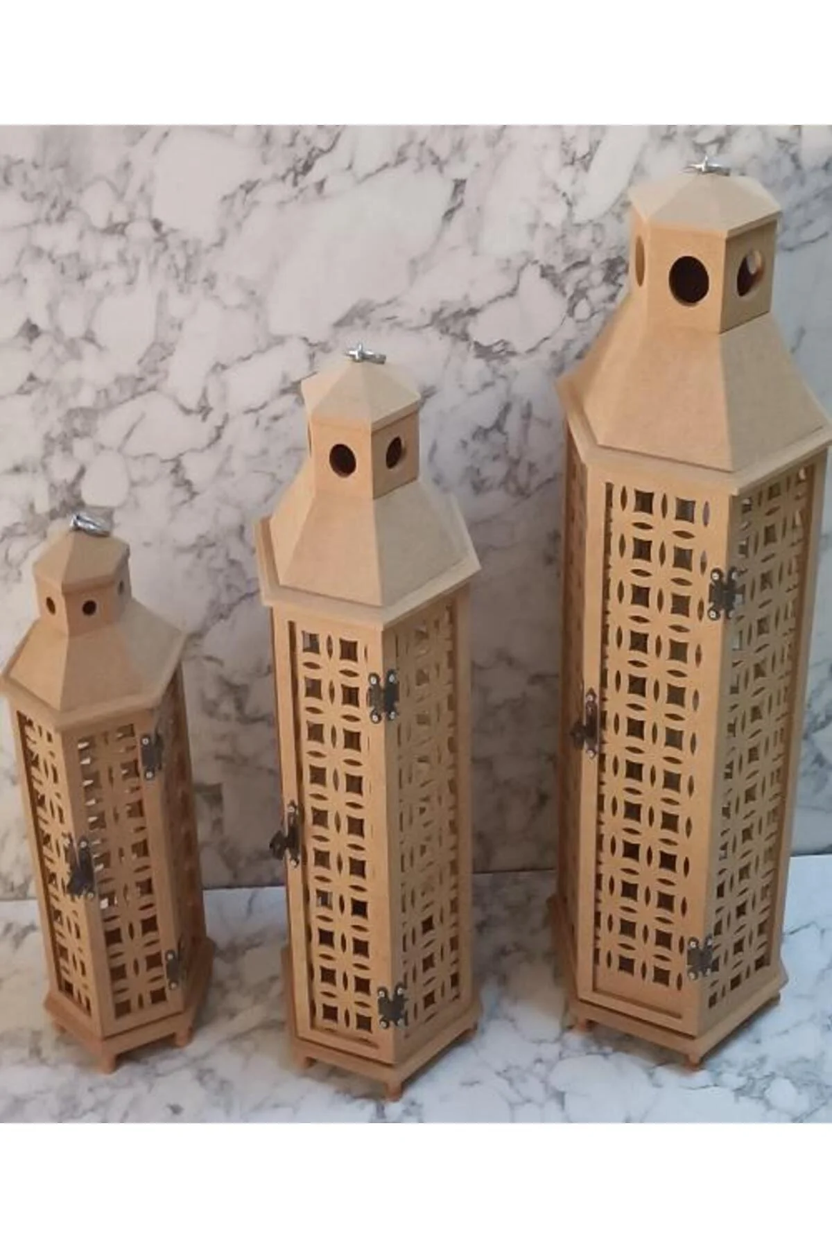 Hobi Adn 90235 Dekoratif Fenerlik 3lü Set MDF HAM CNC Kesim Oyma Nakış El Yapımı - Görsel 4