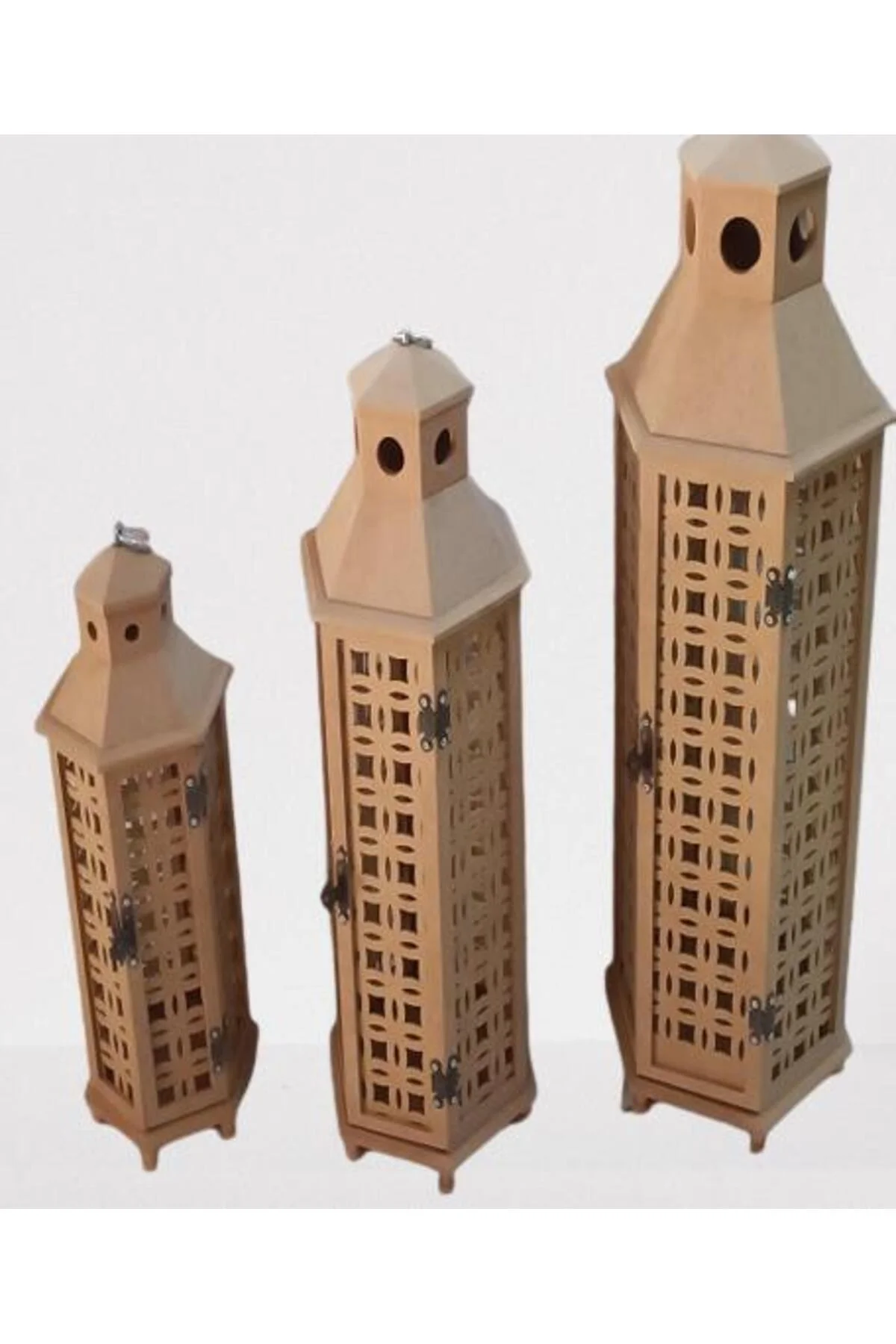 Hobi Adn 90235 Dekoratif Fenerlik 3lü Set MDF HAM CNC Kesim Oyma Nakış El Yapımı - Görsel 2