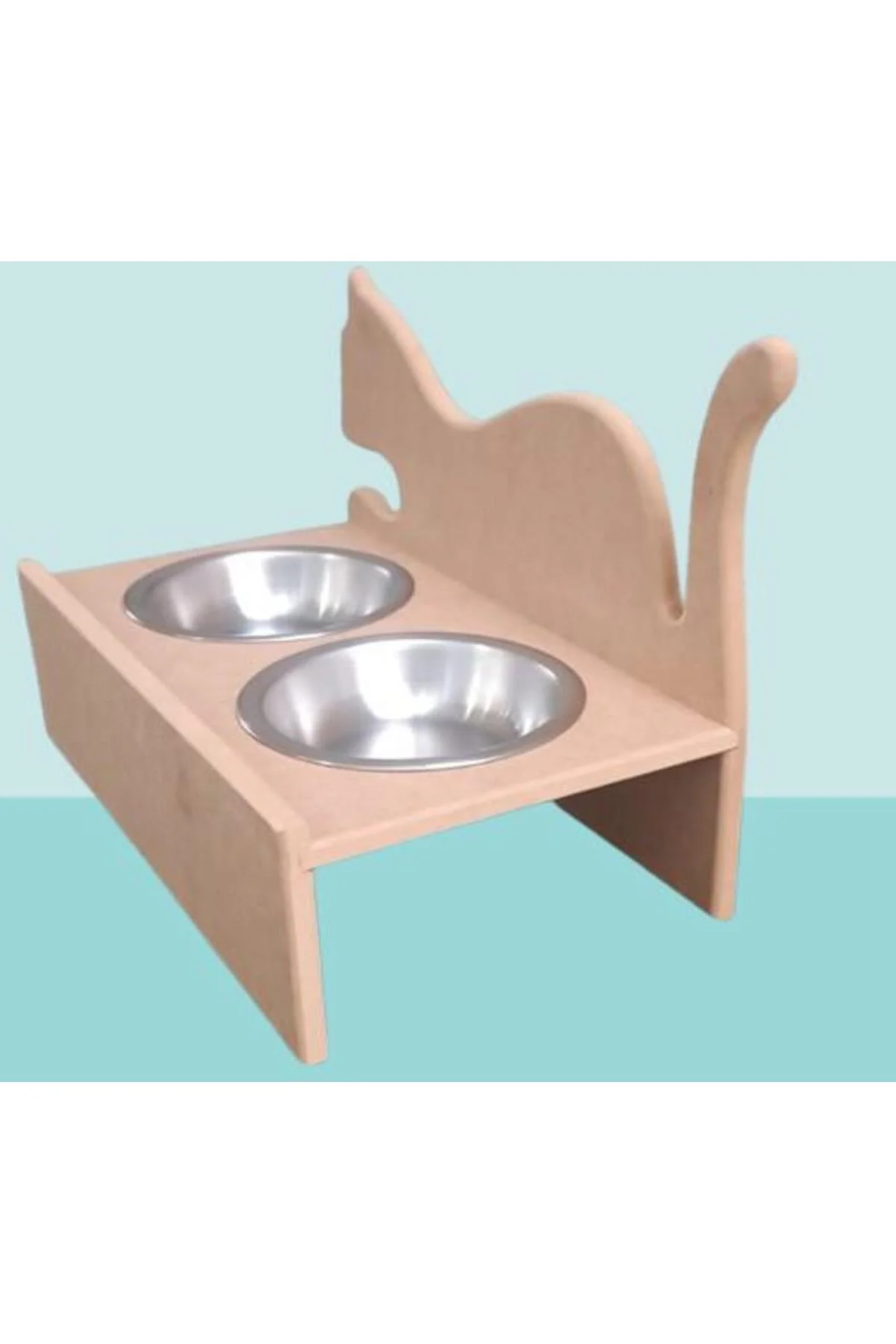 Hobi ERC 90368 MODEL Kedi Mama ve Su Kabı Ahşap MDF HAM Paslanmaz Tabak El Yapım - Görsel 5