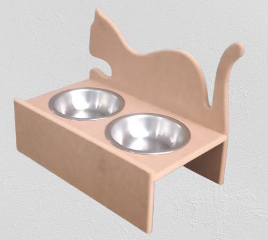 Hobi ERC 90368 MODEL Kedi Mama ve Su Kabı Ahşap MDF HAM Paslanmaz