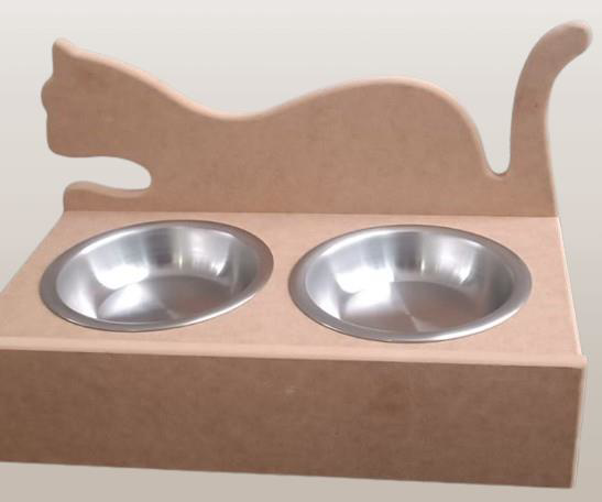 Hobi ERC 90368 MODEL Kedi Mama ve Su Kabı Ahşap MDF HAM Paslanmaz