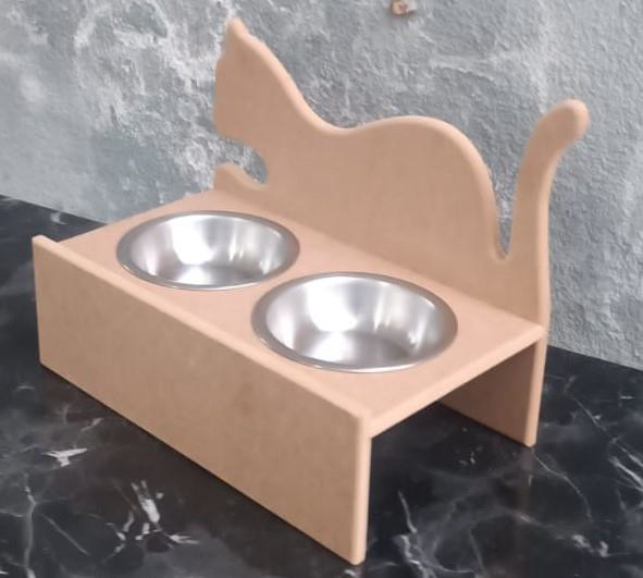 Hobi ERC 90368 MODEL Kedi Mama ve Su Kabı Ahşap MDF HAM Paslanmaz