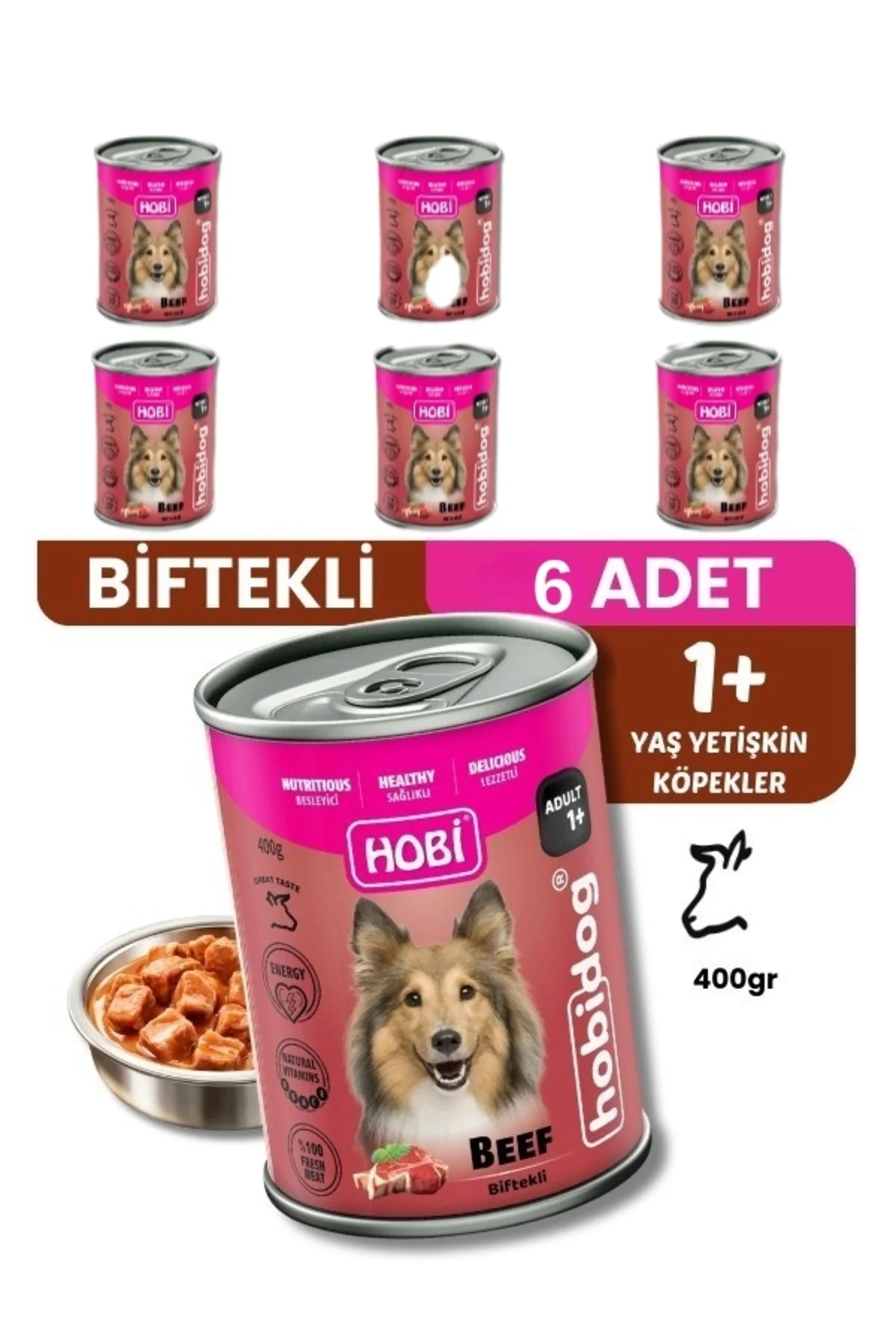 Hobidog Biftekli Yetişkin Köpek Konservesi 400 Gr x 6 Adet | Tam 